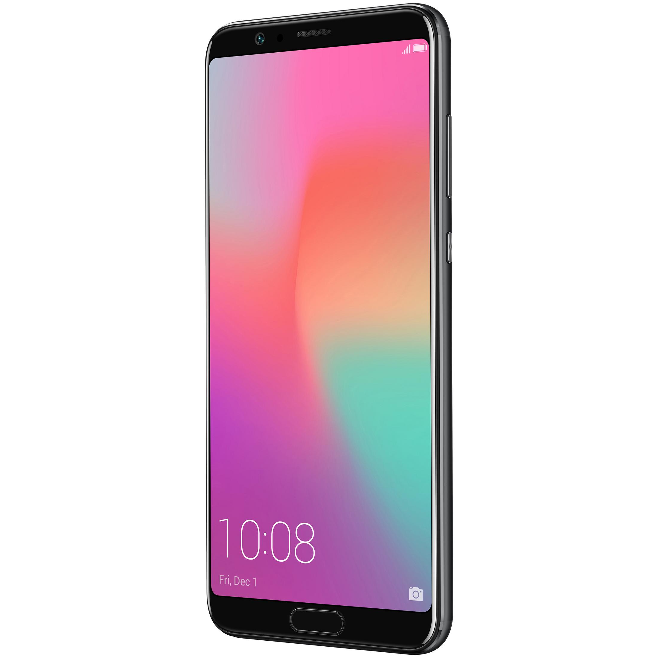 Smartphone negro con pantalla degradada rosa y morada, visto desde un ángulo lateral, sobre fondo blanco.