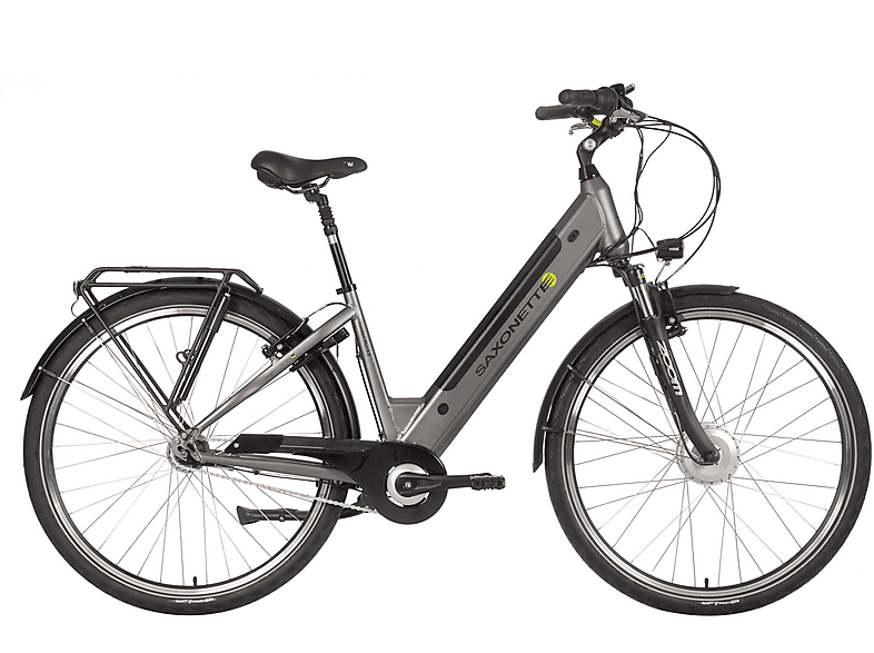 SAXONETTE Comfort Plus 4.0 Citybike (Laufradgröße: 28 Zoll, Rahmenhöhe: 42 cm, Damen-Rad, 470 Wh, Silber)