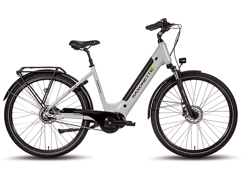 SAXONETTE Premium Plus 3.0 Citybike (Laufradgröße: 28 Zoll, Rahmenhöhe: 45 cm, Damen-Rad, 500 Wh, Silber)