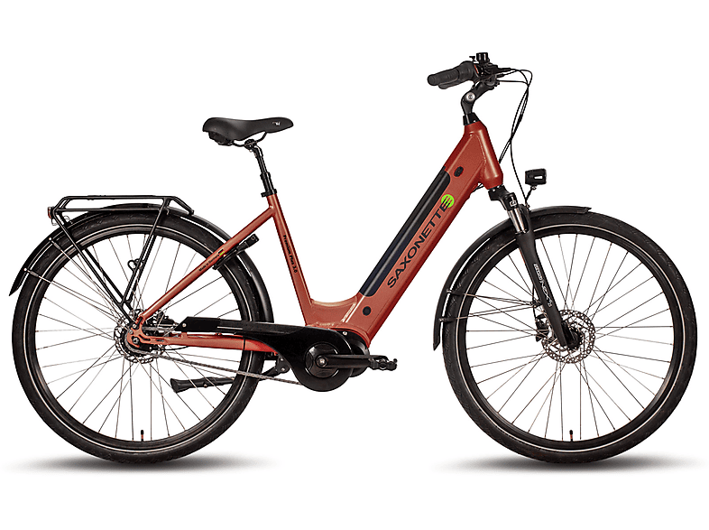 SAXONETTE Premium Plus 3.0 Citybike (Laufradgröße: 28 Zoll, Rahmenhöhe: 45 cm, Damen-Rad, 500 Wh, Rot)