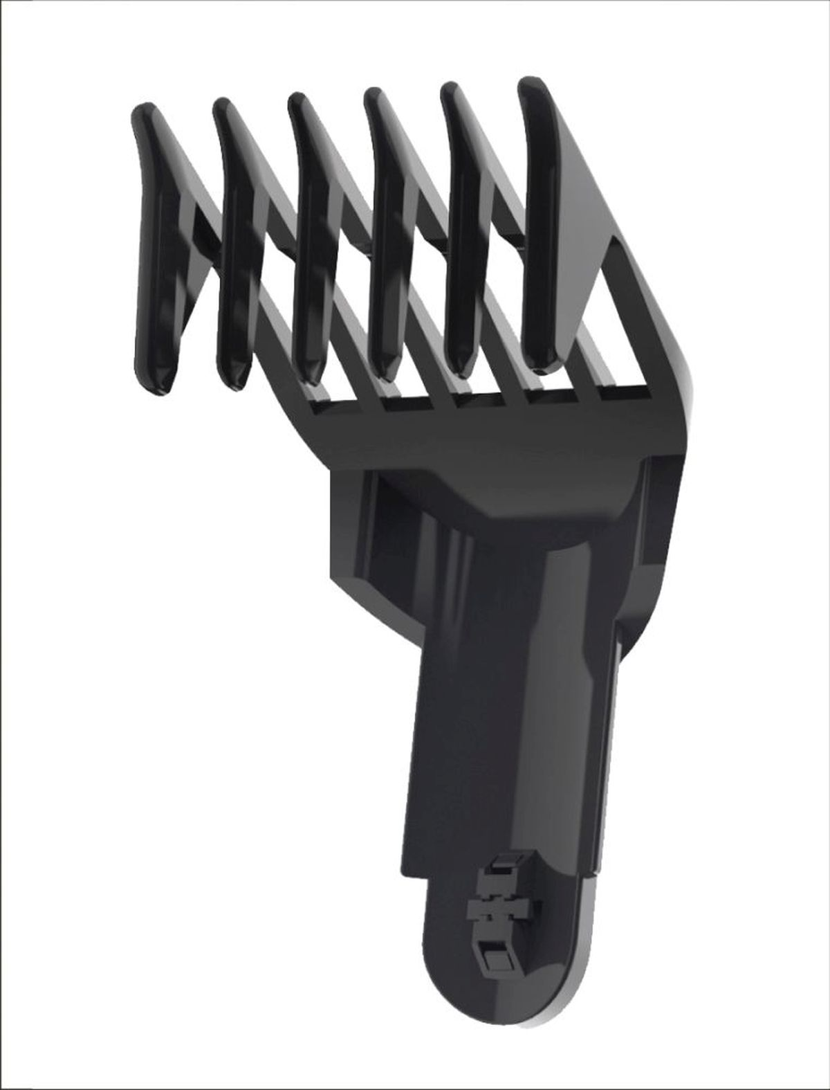 Black hair clipper attachment. Seven comb-like blades. Detail shot, isolated on white background.