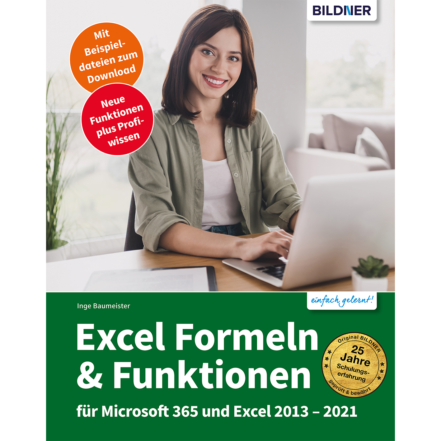 Frau lächelt vor Laptop, mit Text zu Excel-Formeln und -Funktionen.