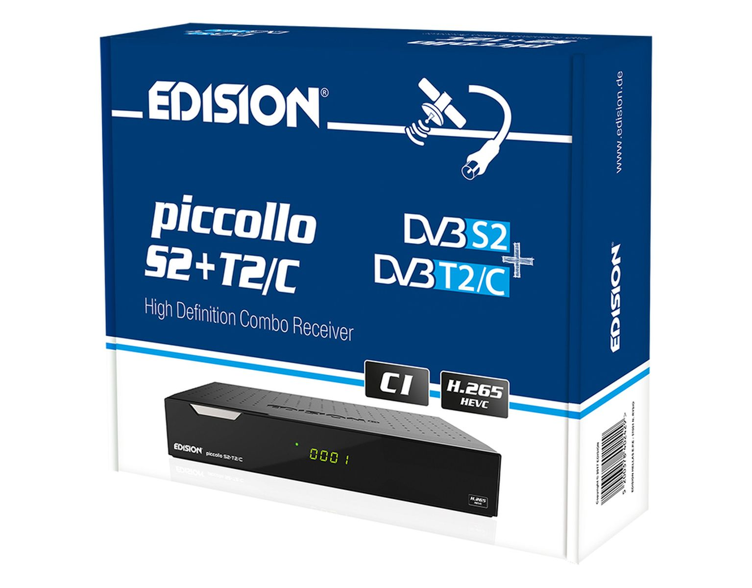 Eine Box mit Text: EDISION piccolo S2+T2/C, DVB S2 + T2/C, mit einem Bild eines Combo-Receivers.