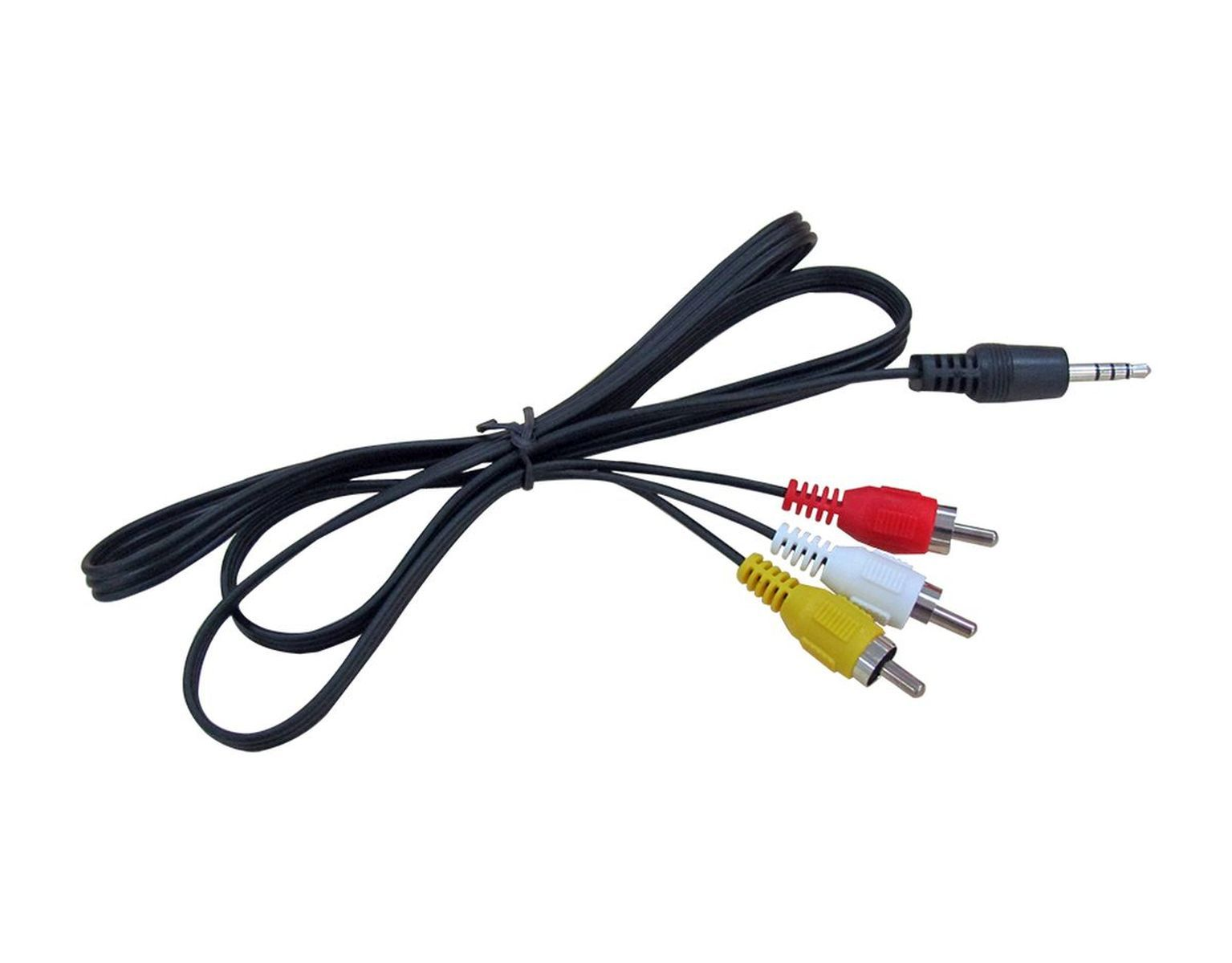 Schwarzes Audio-Video-Kabel mit roten, weißen und gelben Steckern auf weißem Grund.