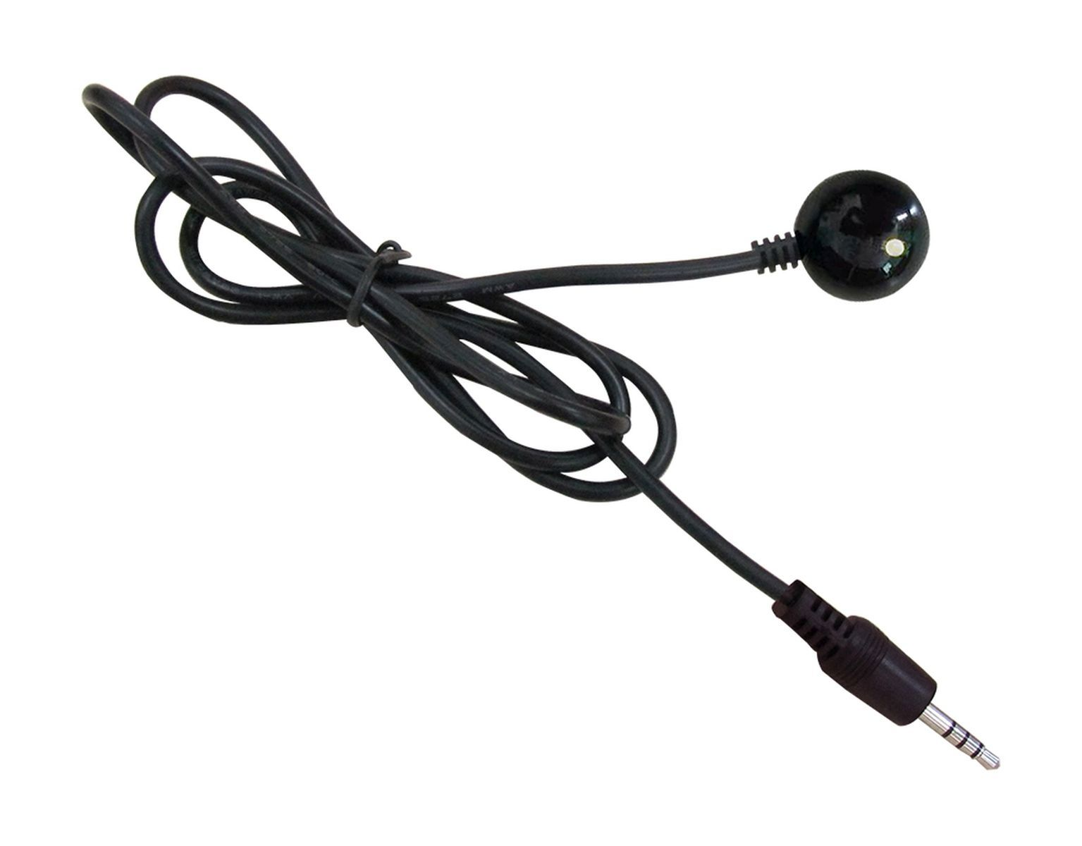 Schwarzes Kabel mit Stecker an einem Ende und schwarzer Kugel am anderen, vor weißem Hintergrund.