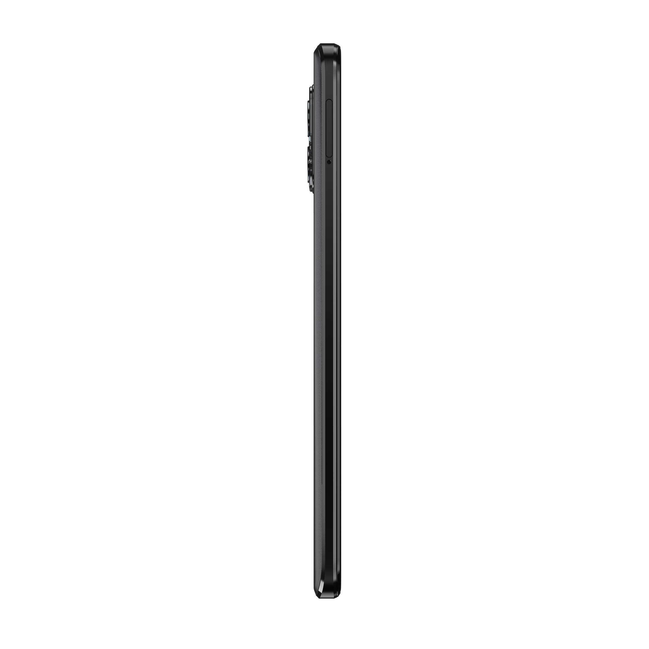 Eine Seitenansicht eines schwarzen Smartphones auf weißem Hintergrund.