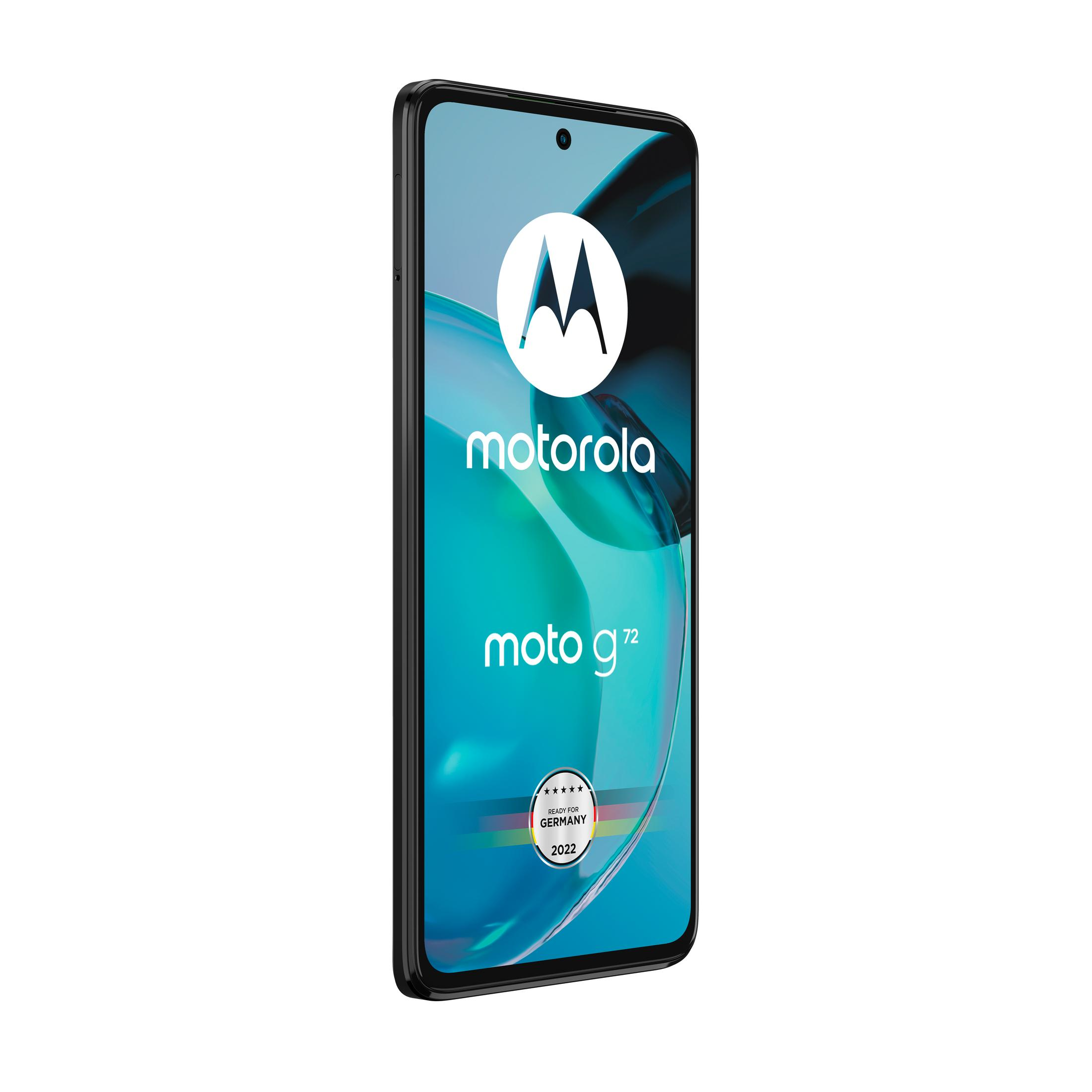 Motorola Moto g72 Smartphone, schwarzer Rahmen, Bildschirm zeigt Logo und Text.
