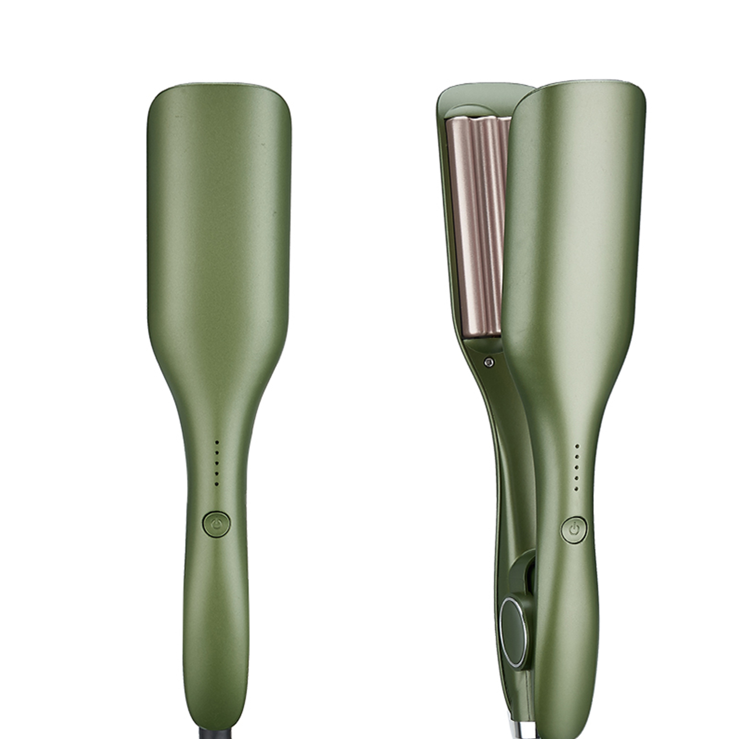 Due strumenti verdi per lo styling dei capelli, uno chiuso e uno aperto, con piastre ondulate.