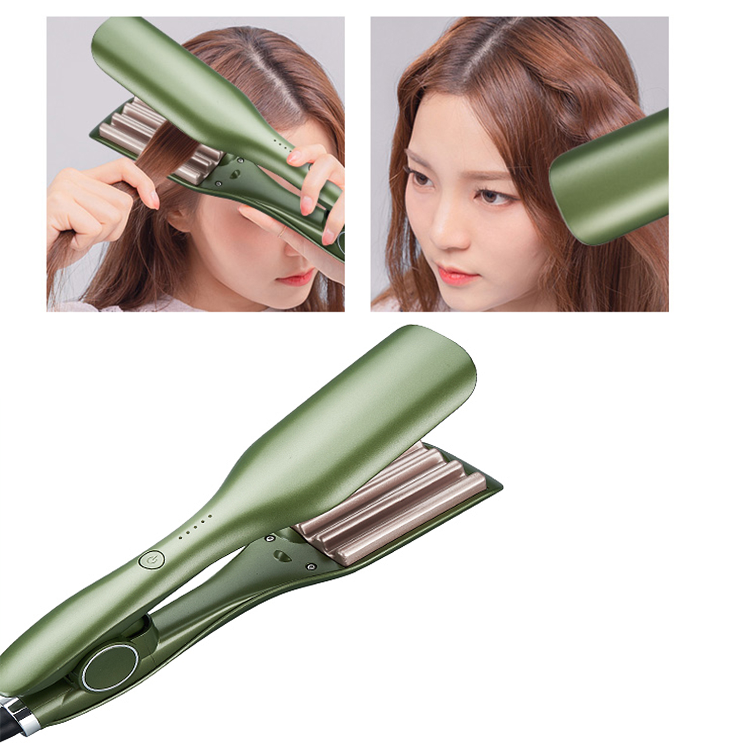 Donna usa un'arricciacapelli verde. Primo piano sui capelli acconciati.