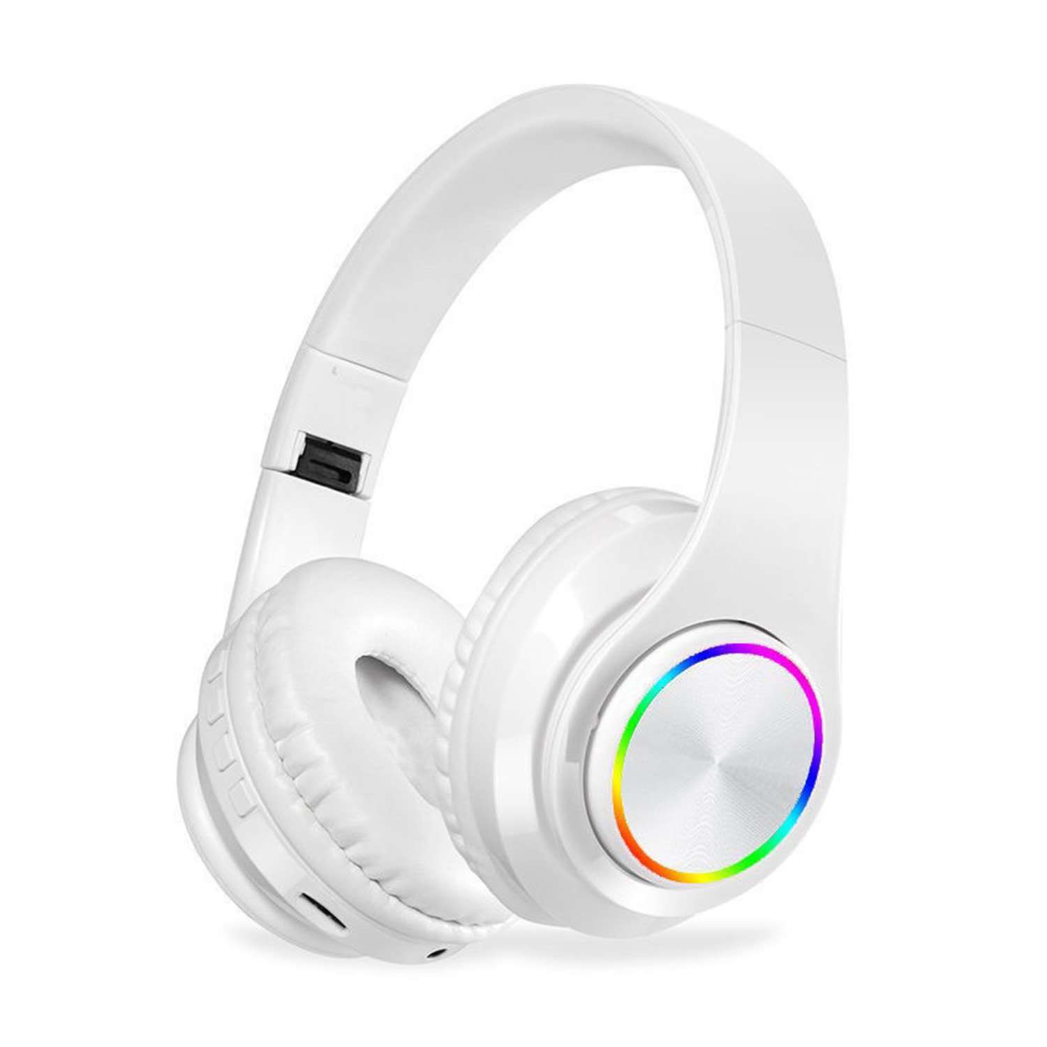 Cuffie bianche con un cerchio illuminato dall'arcobaleno sul padiglione auricolare. Le cuffie sono su sfondo bianco.