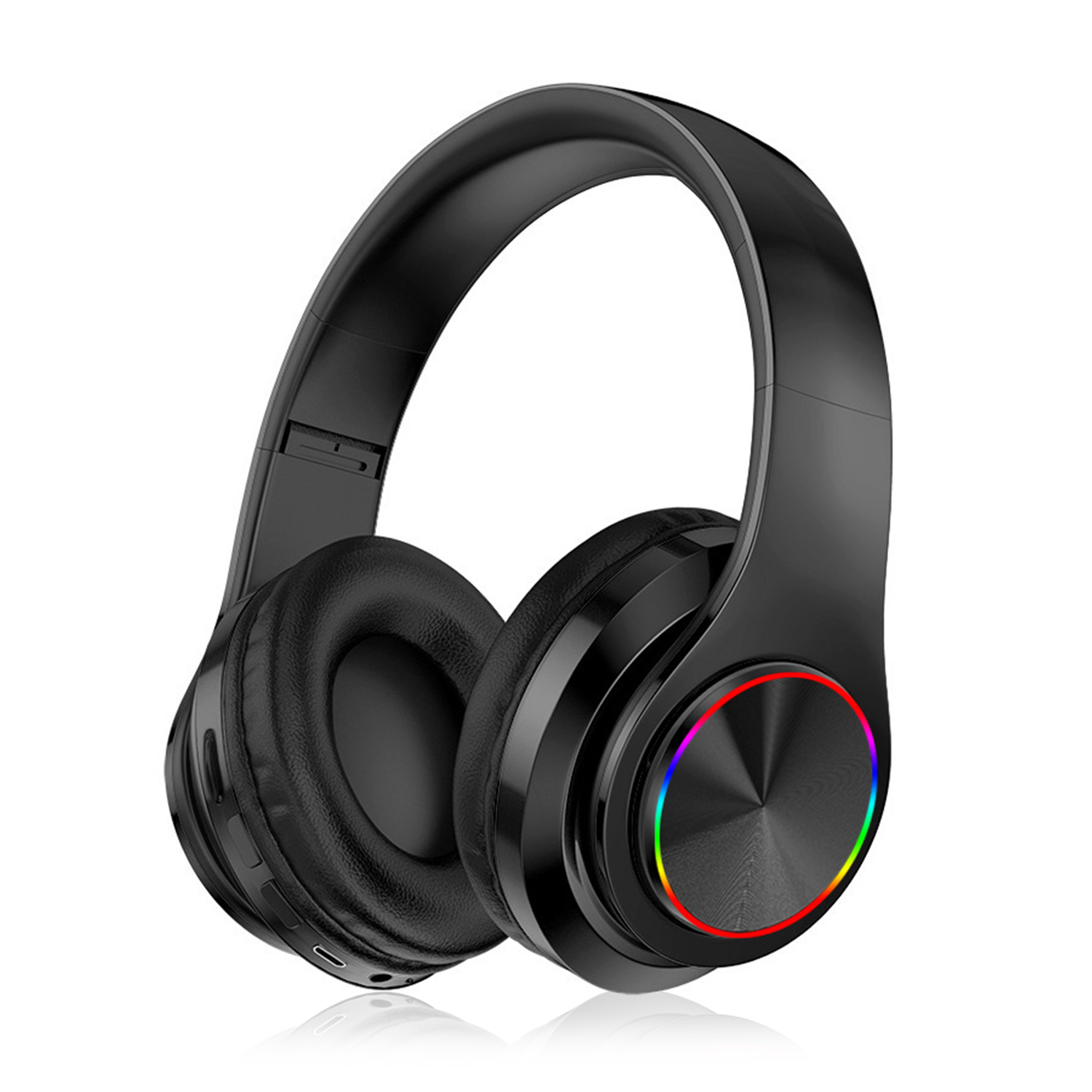 Cuffie nere con luce arcobaleno laterale. Design over-ear.