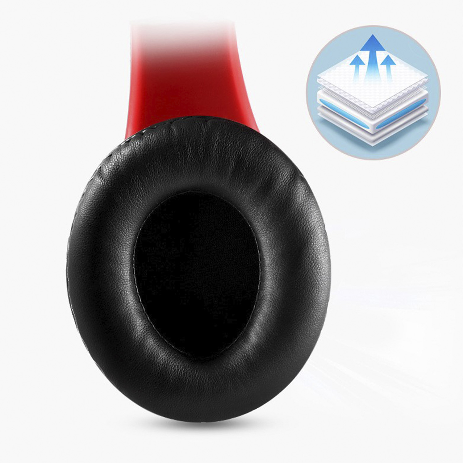 Cuffie nere con fascia rossa e cuscinetti neri, che mostrano il flusso d'aria.