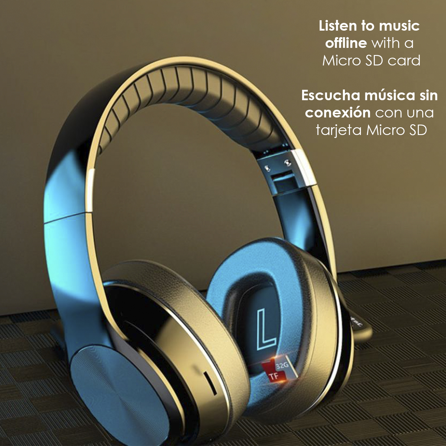 Cuffie nere e oro. Il testo dice ascolta musica offline con una scheda Micro SD.