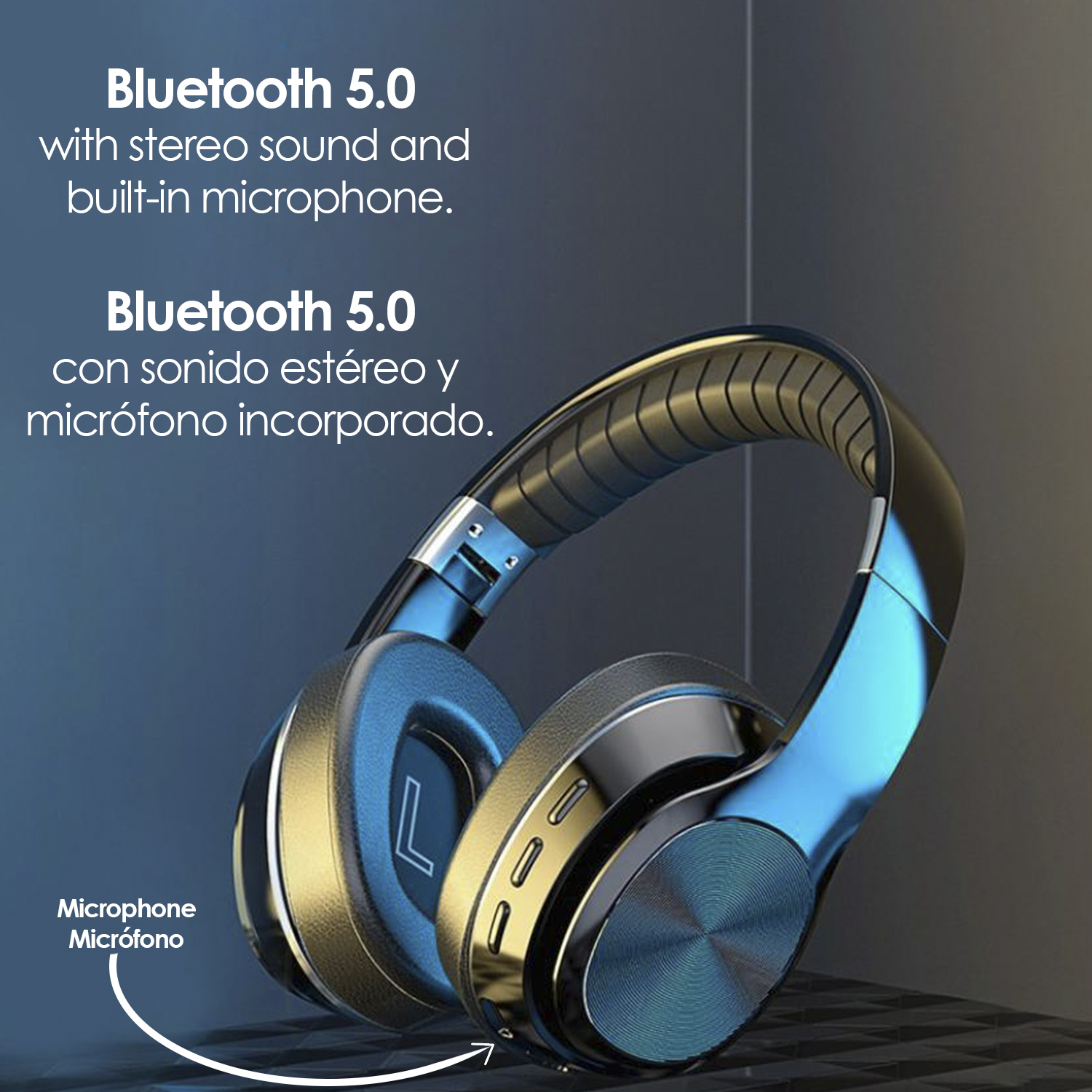Cuffie nere e blu, testo che descrive le funzionalità Bluetooth 5.0 e un microfono. Punti salienti blu.