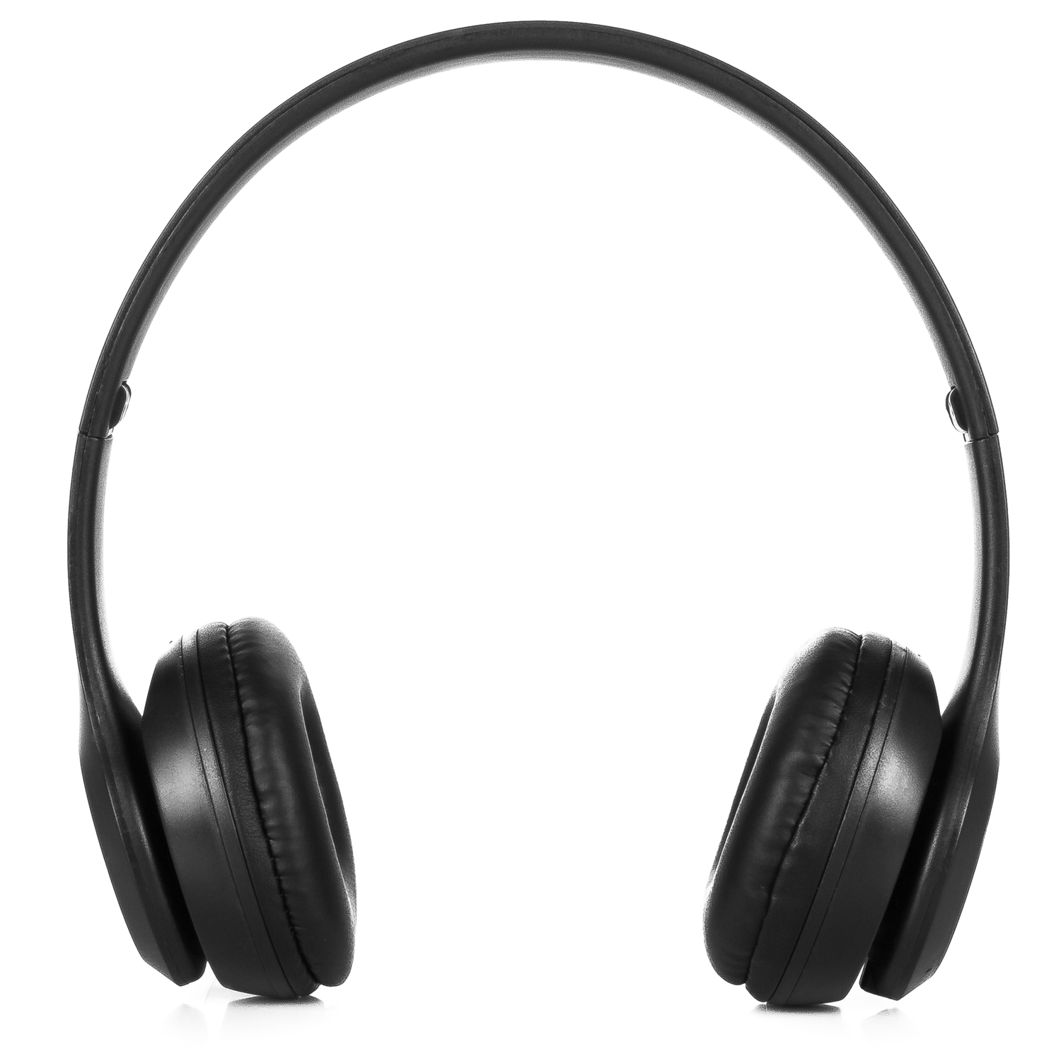 Cuffie nere su sfondo bianco. Messa a fuoco sui padiglioni auricolari e sull'archetto.