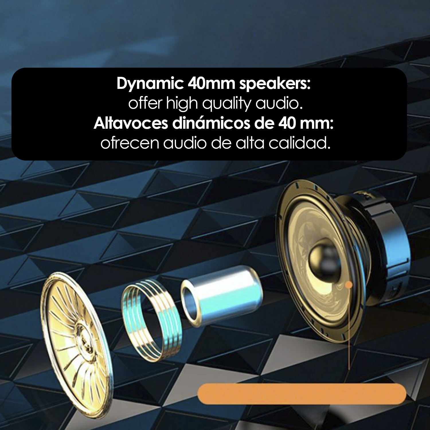 Grafica dei componenti dell'altoparlante, testo sugli altoparlanti da 40 mm, traduzione spagnola.