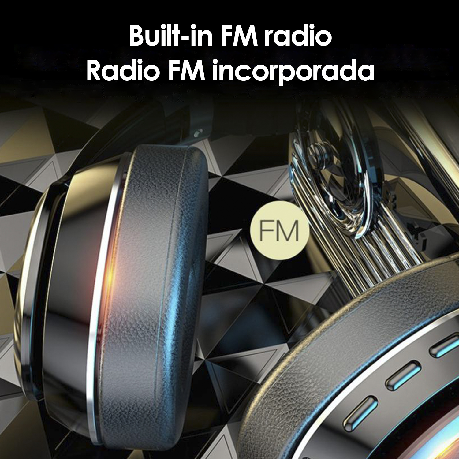 Cuffie con funzione radio FM, con il testo "Built-in FM radio" e "FM" in un cerchio.
