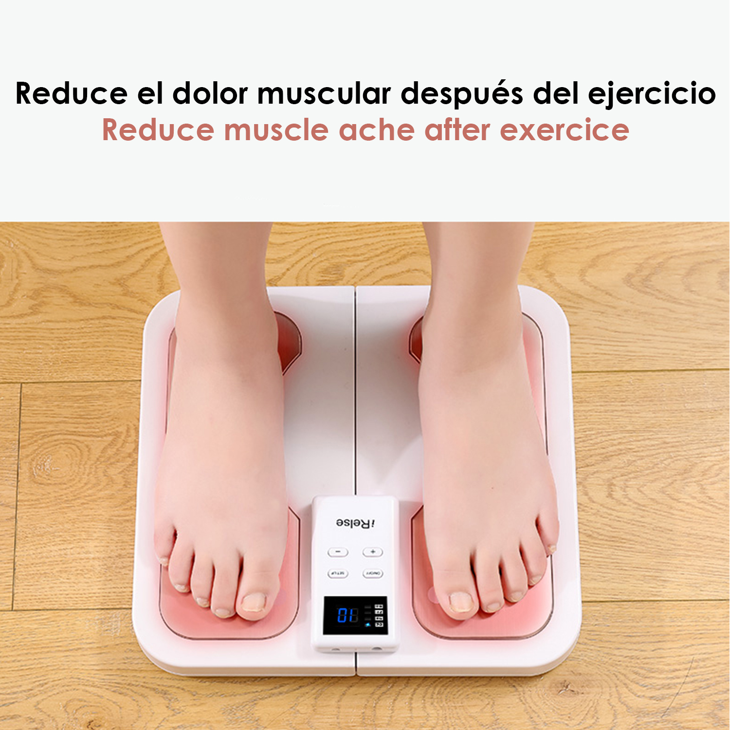 Pies de una persona en una báscula blanca. El texto en la parte superior dice: "Reduce el dolor muscular después del ejercicio".