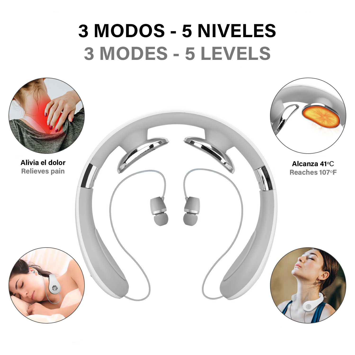 Massaggiatore per il collo con tre modalità e cinque livelli. I diagrammi mostrano sollievo dal dolore.