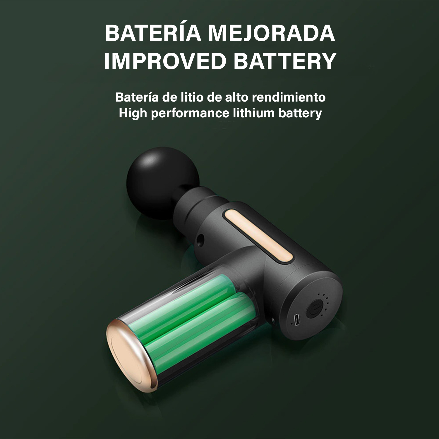 Pistola de masaje negra y gris con baterías verdes.
