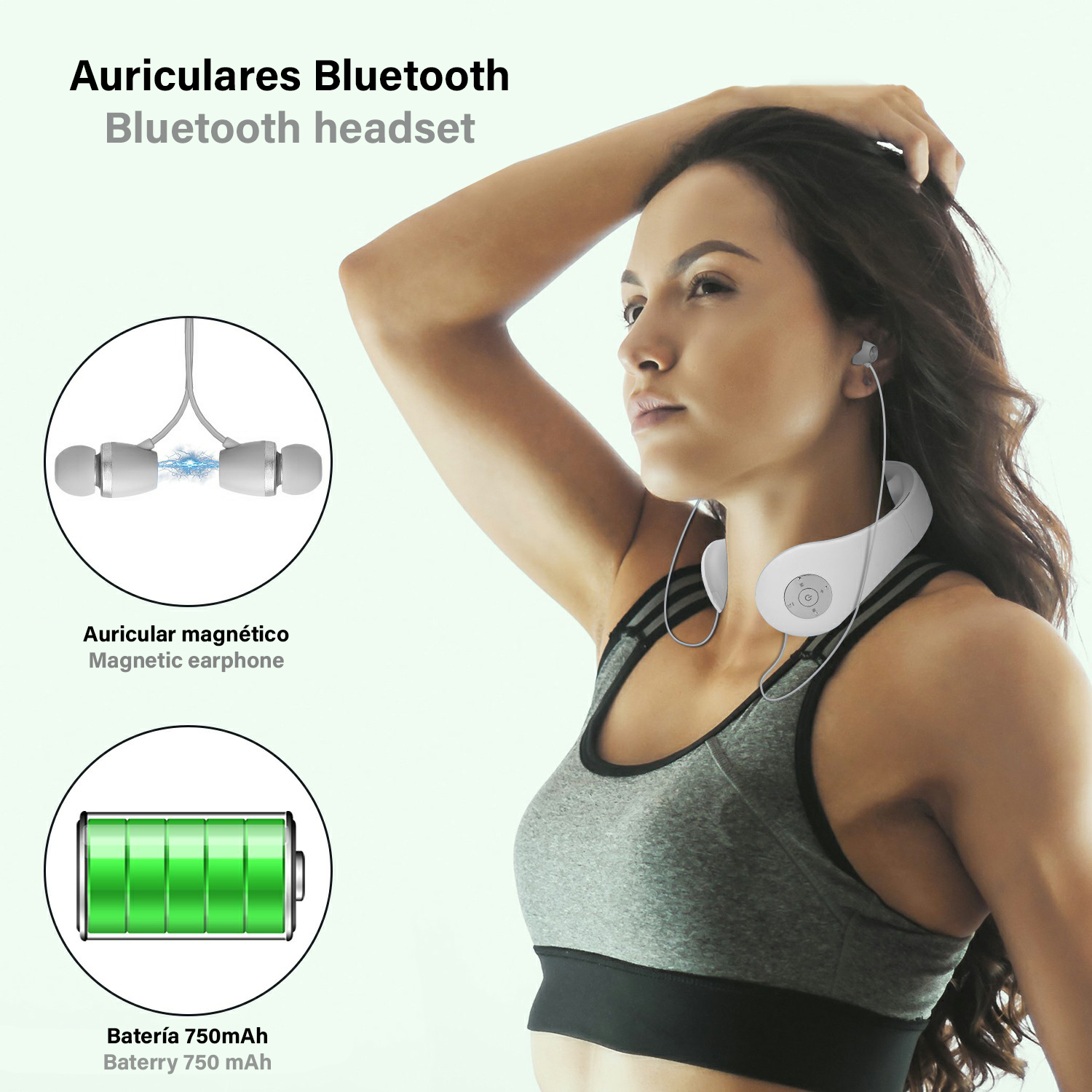 Donna con cuffie, con grafica di cuffie e batteria. Testo: "Cuffie Bluetooth".