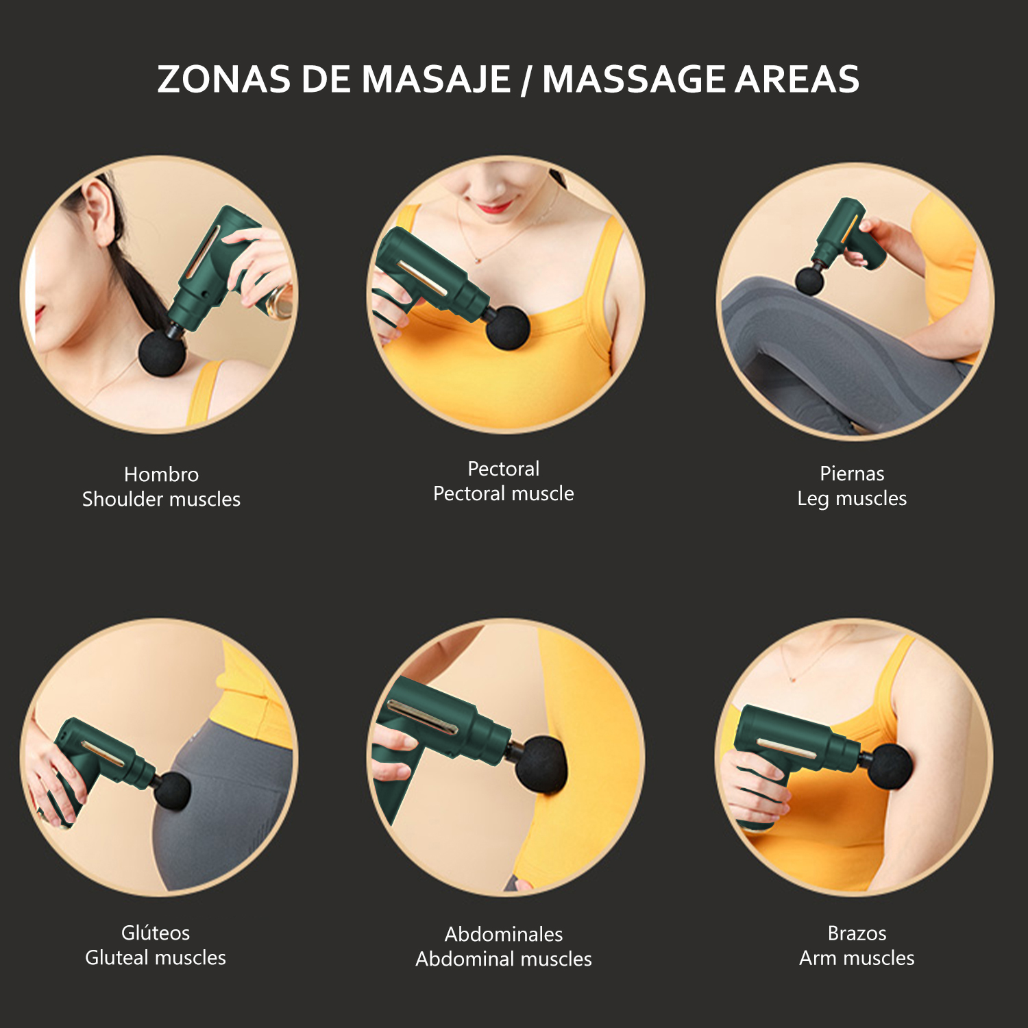 Imágenes que muestran el uso del dispositivo de masaje en los músculos del hombro, pectoral, pierna, glúteo, abdominal y brazo.