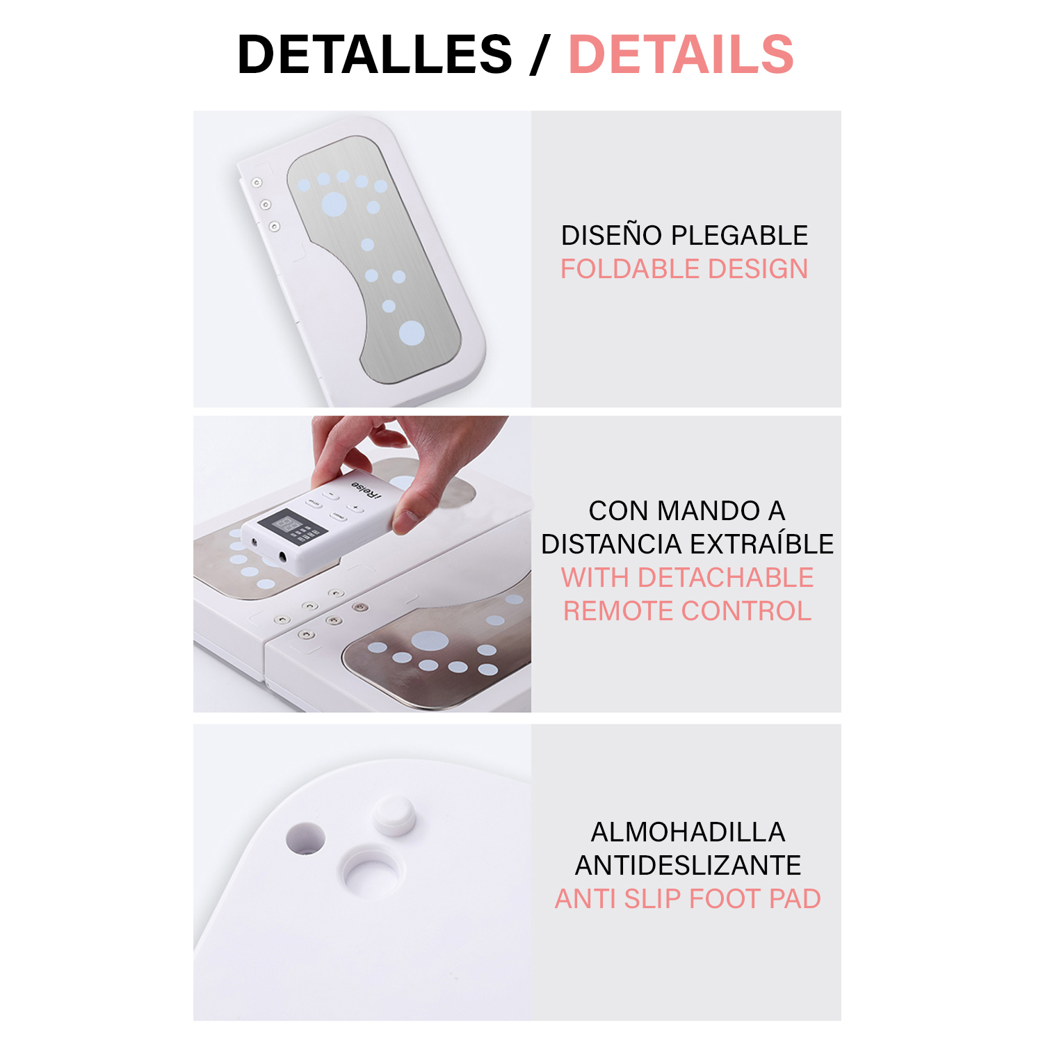 Fotos con texto: Diseño plegable, control remoto desmontable, almohadilla antideslizante.