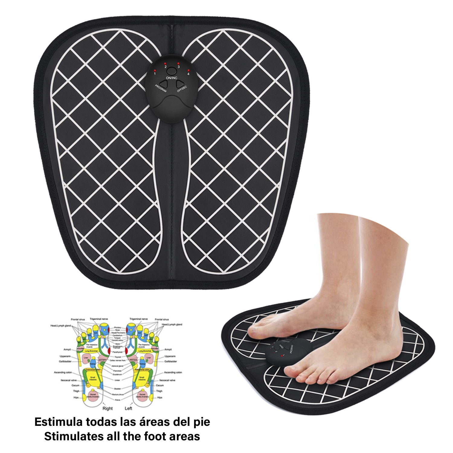 Fußmassagegerät. Füße auf dem Gerät. Ein Diagramm des Fußes.