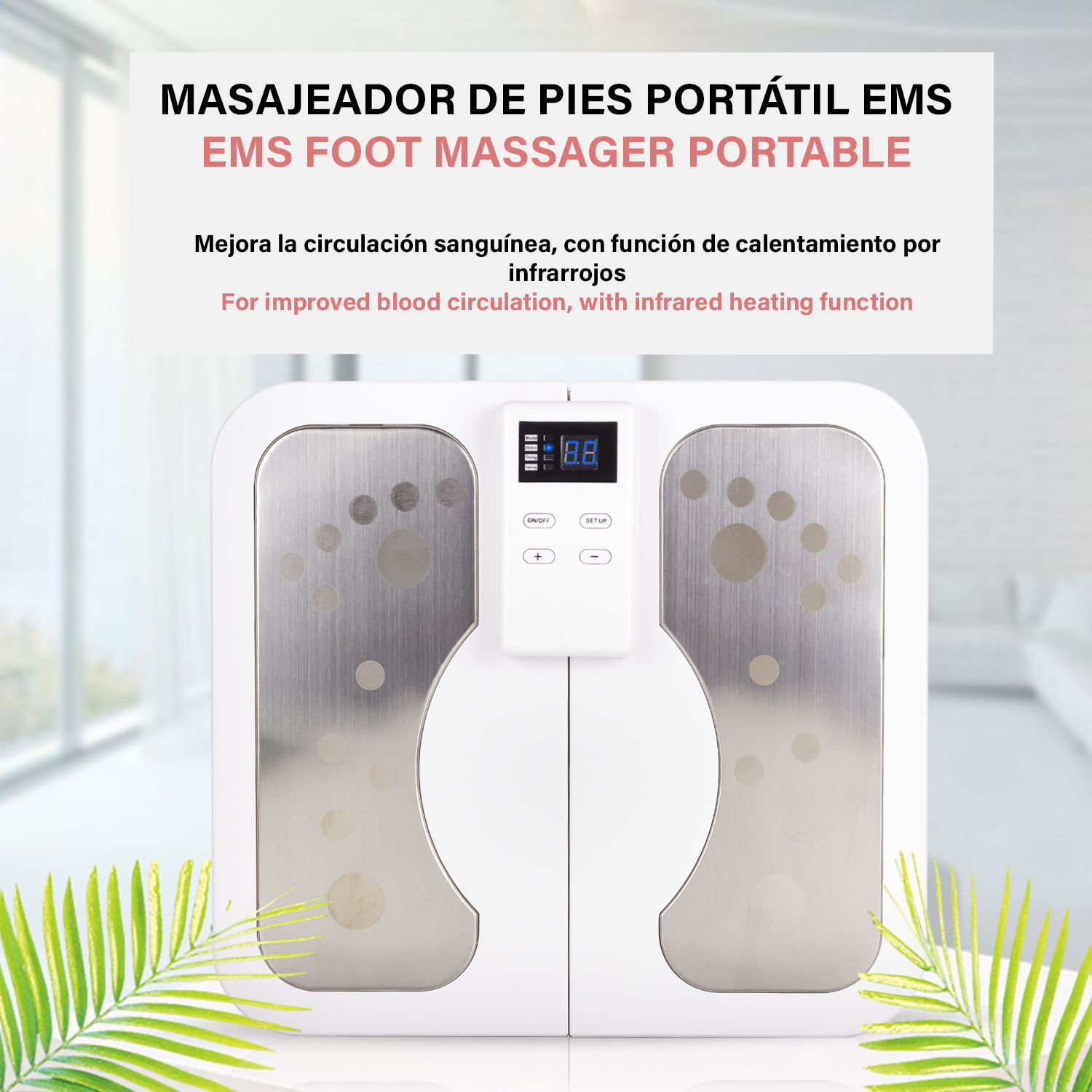 Masajeador de pies blanco con pantalla digital y controles. Texto: EMS Foot Massager Portable. Texto superpuesto.