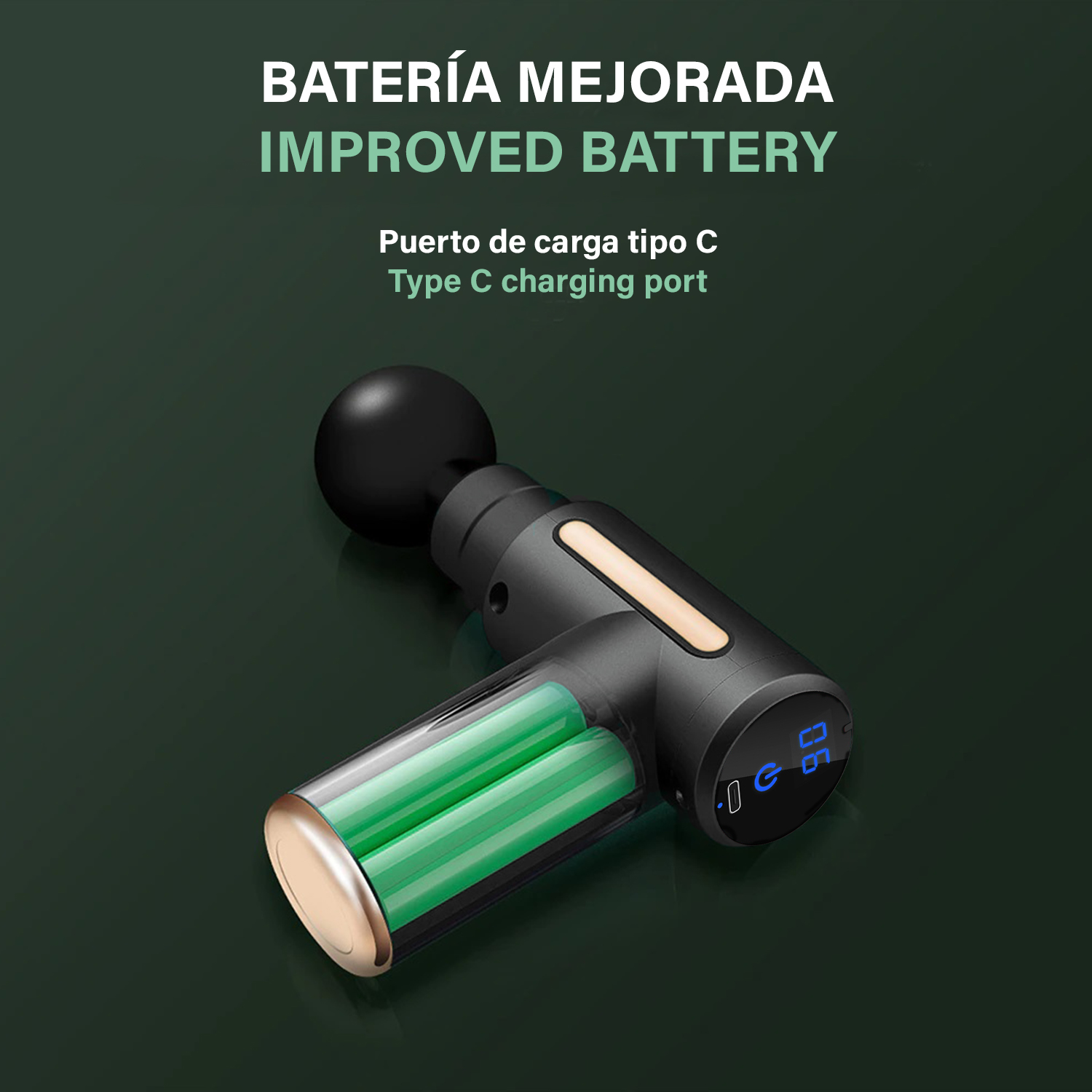 Una pistola de masaje negra y gris con dos baterías verdes y una pantalla digital. Texto: 'Batería mejorada'.