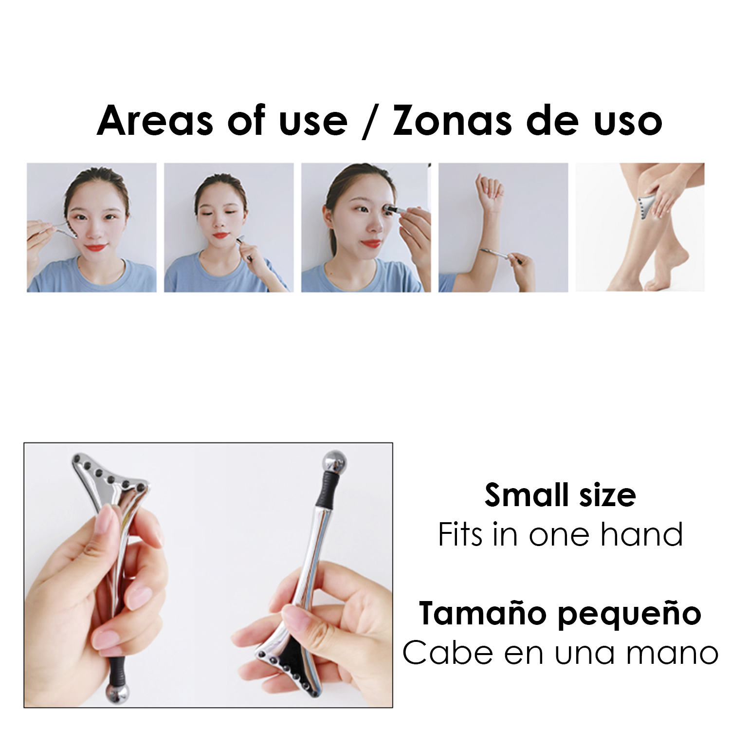 Strumento di bellezza ed esempi di utilizzo. Donne che lo usano su viso, braccia e gambe.
