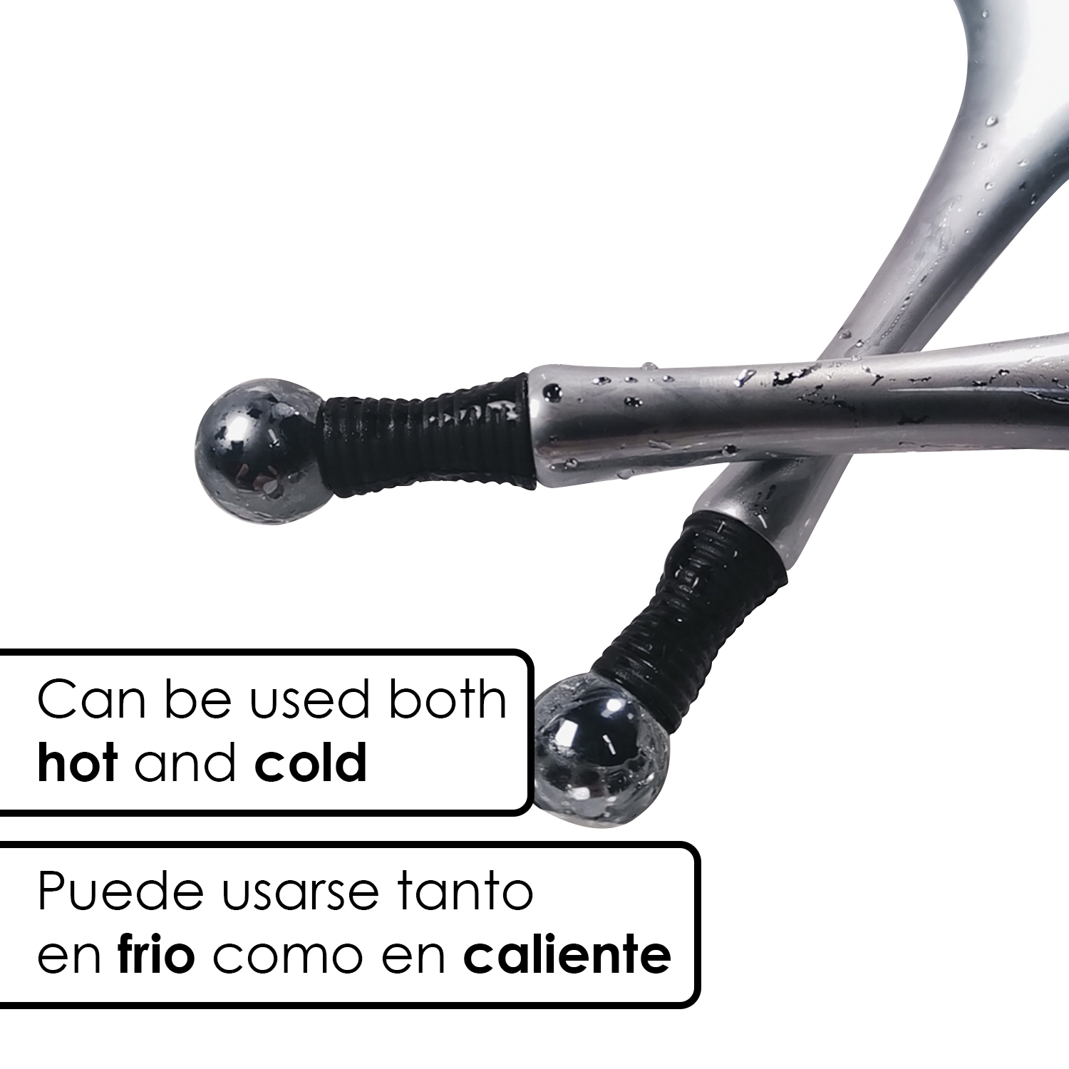 Due massaggiatori facciali argentati con impugnature nere, con testo sull'uso caldo e freddo.