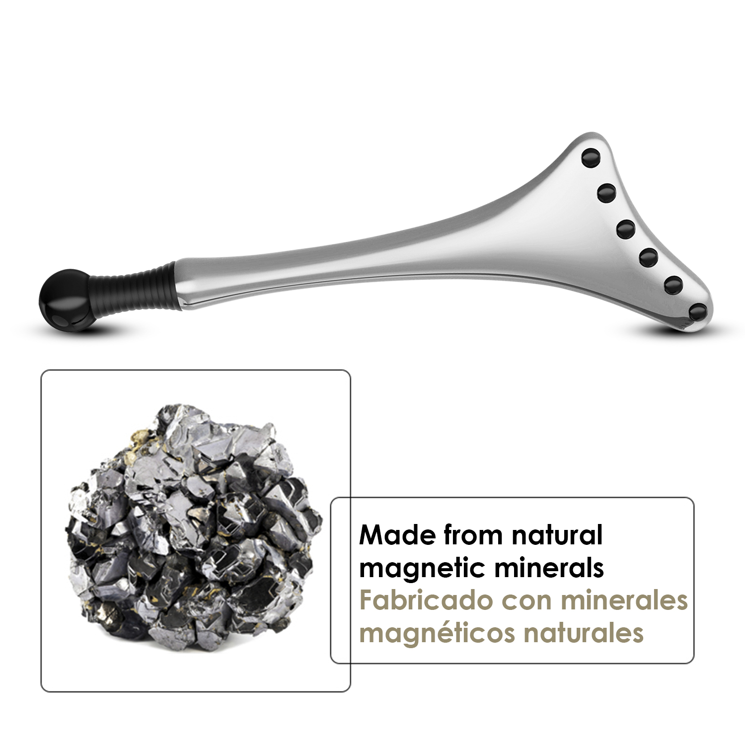 Uno strumento per massaggio argentato con sfere nere e un campione di minerali magnetici.
