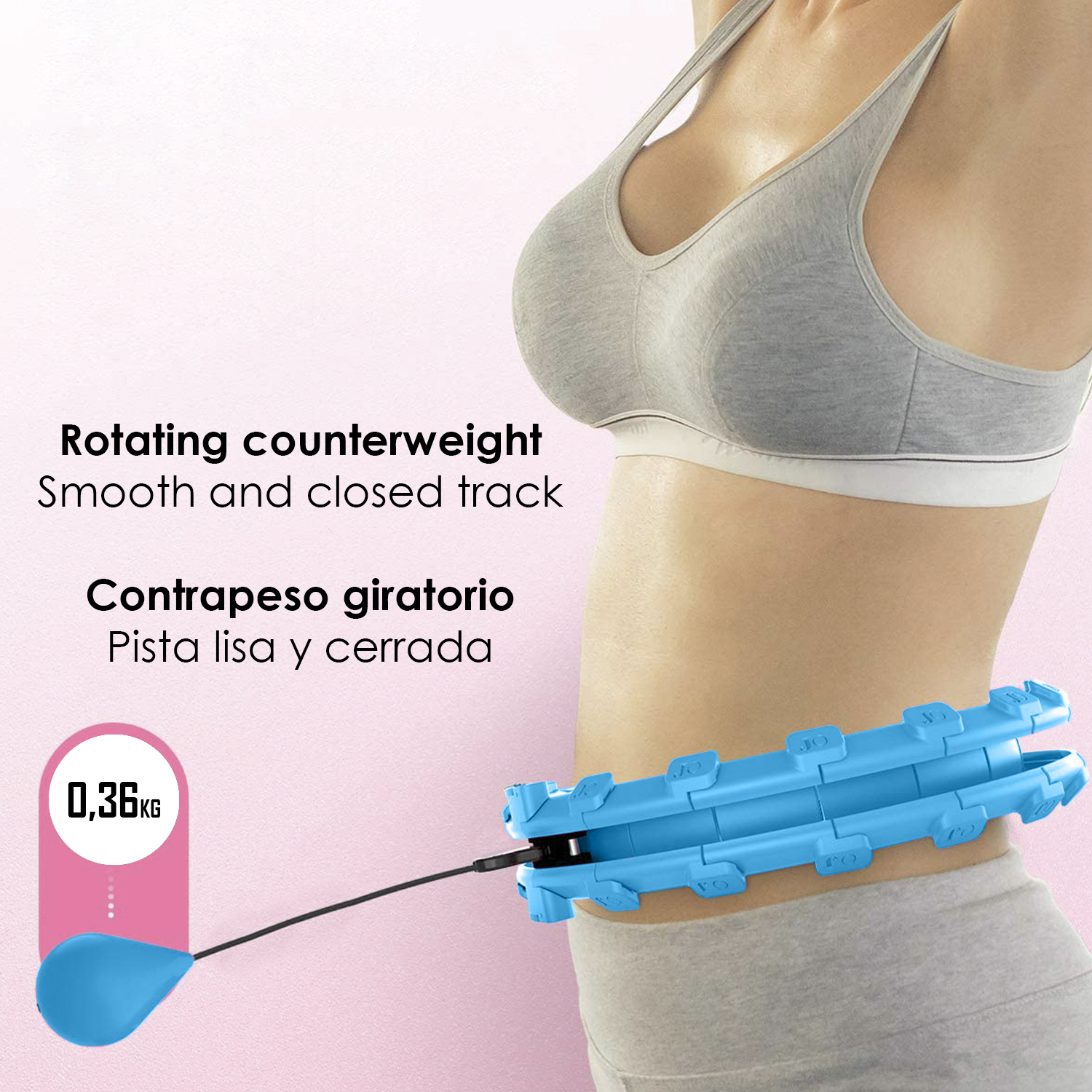 Una mujer usa un ejercitador de cintura azul. Texto: contrapeso giratorio, pista suave. Peso: 0,36 kg.