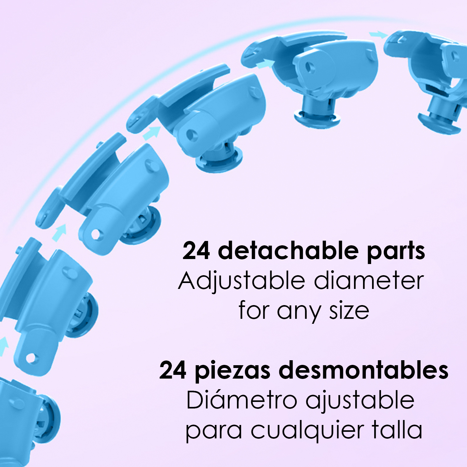 Piezas azules de hula hoop. El texto indica 24 piezas desmontables y diámetro ajustable.