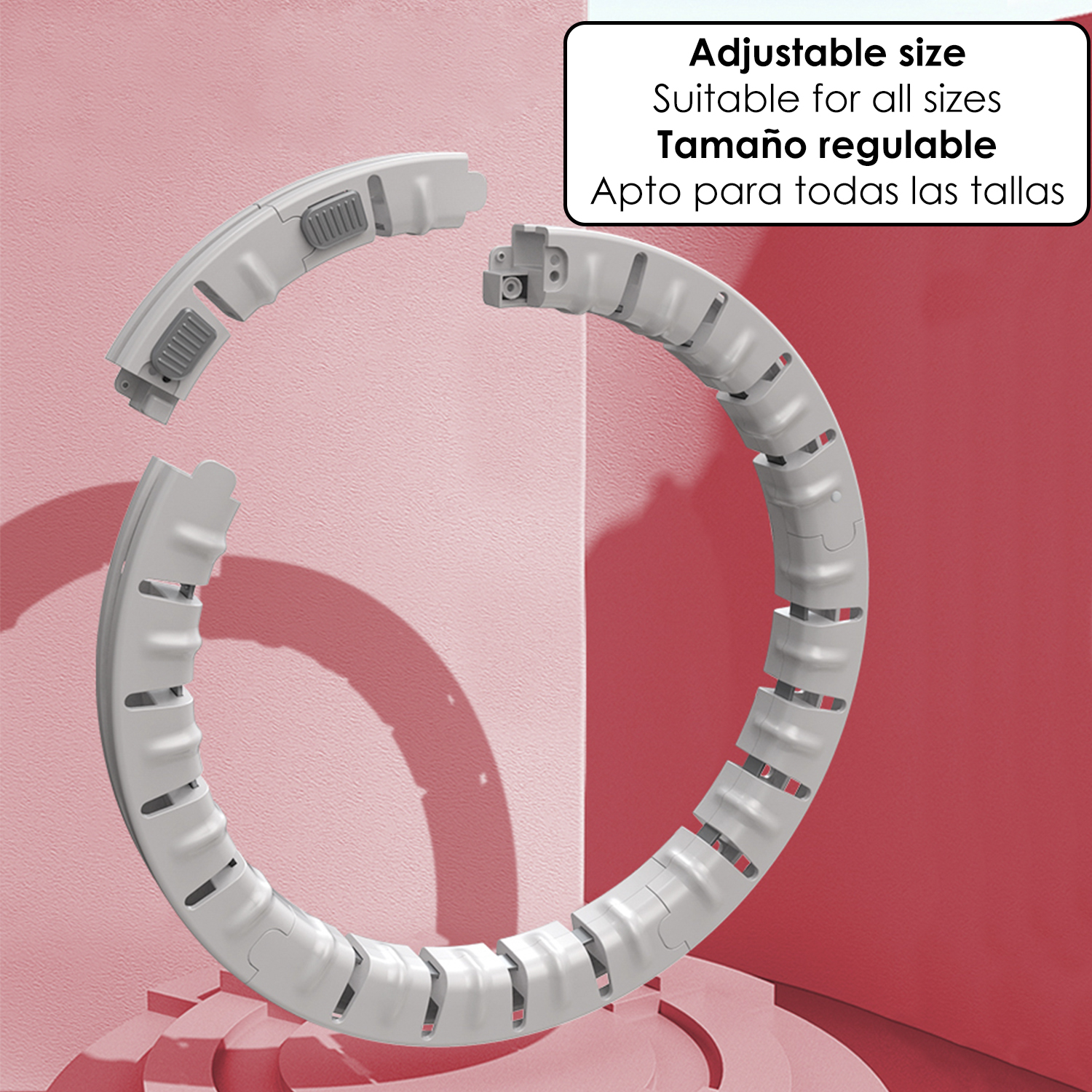 Un hula hoop grigio, regolabile e adatto a tutte le taglie, con testo in inglese e spagnolo.