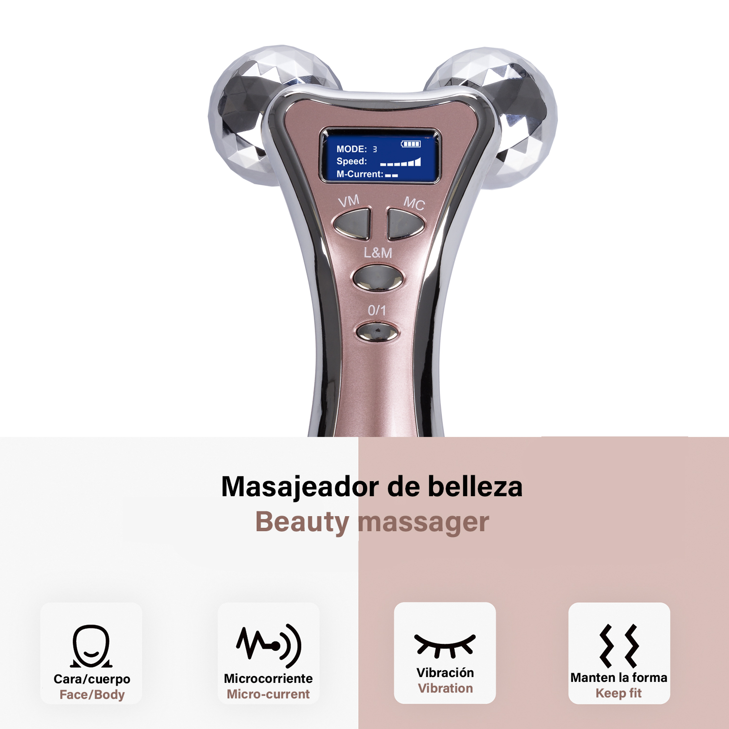 Dispositivo de masaje de belleza con pantalla, color oro rosa e iconos de funciones.