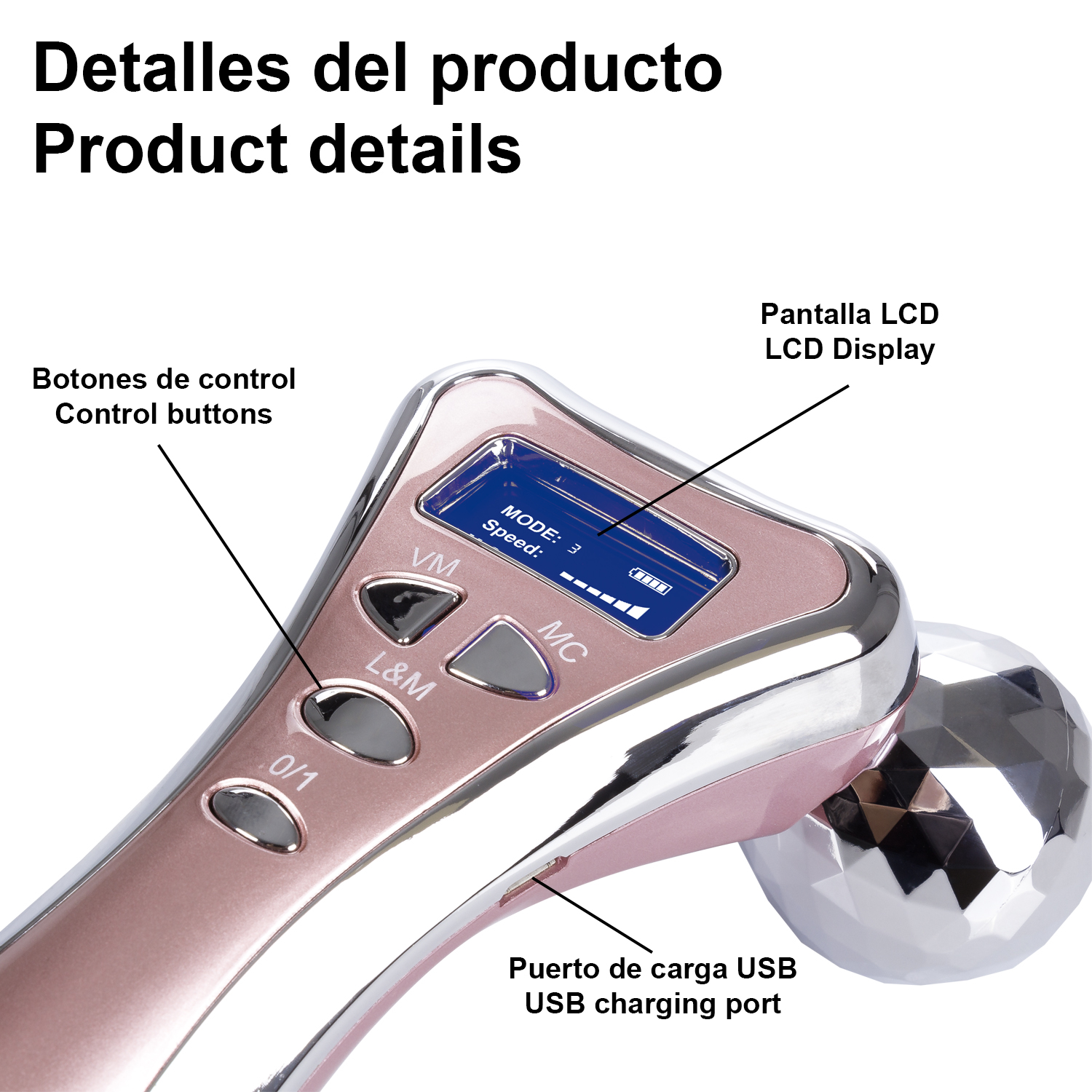 Un dispositivo de masaje facial con un cuerpo rosa y plateado, y una pantalla que muestra la configuración.