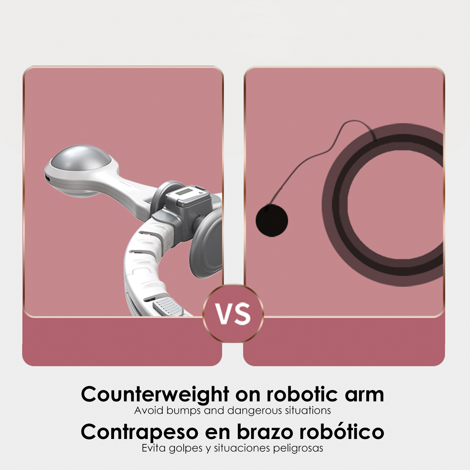 Due immagini: contrappeso su braccio robotico vs situazione pericolosa.