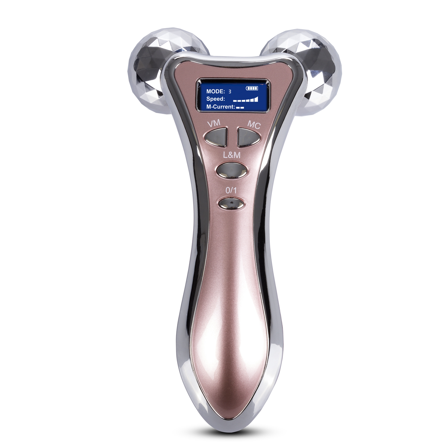 Masajeador facial con dos esferas plateadas y cuerpo oro rosa, mostrando pantalla digital.