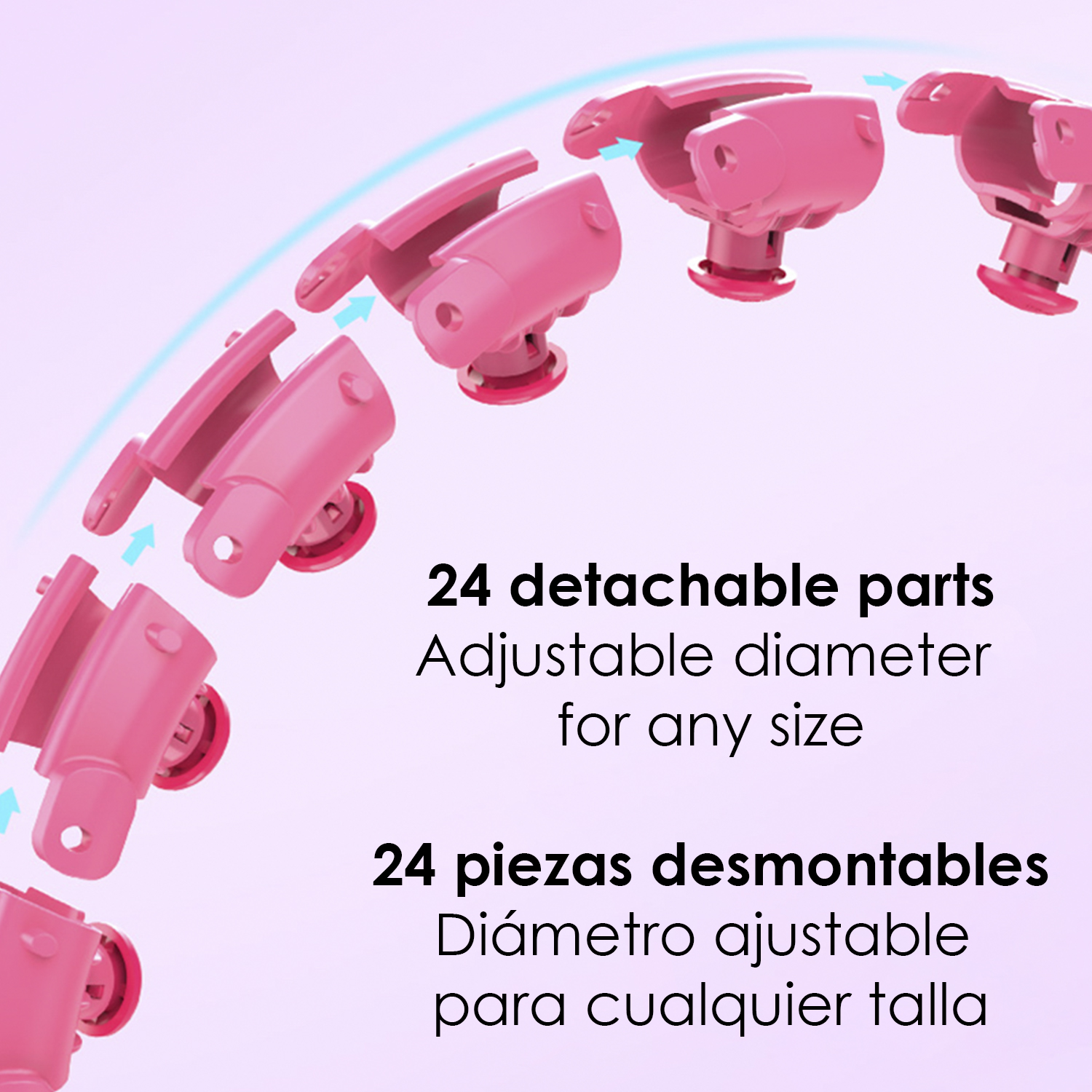 Piezas rosas de hula hoop. El texto dice 24 piezas desmontables y diámetro ajustable para cualquier tamaño.