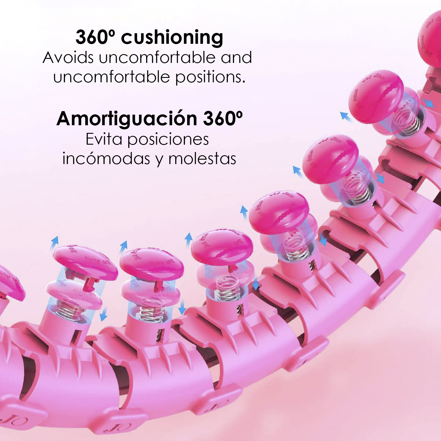Un hula hoop rosa con cojines rosas y flechas azules que indican movimiento, con texto sobre el acolchado.
