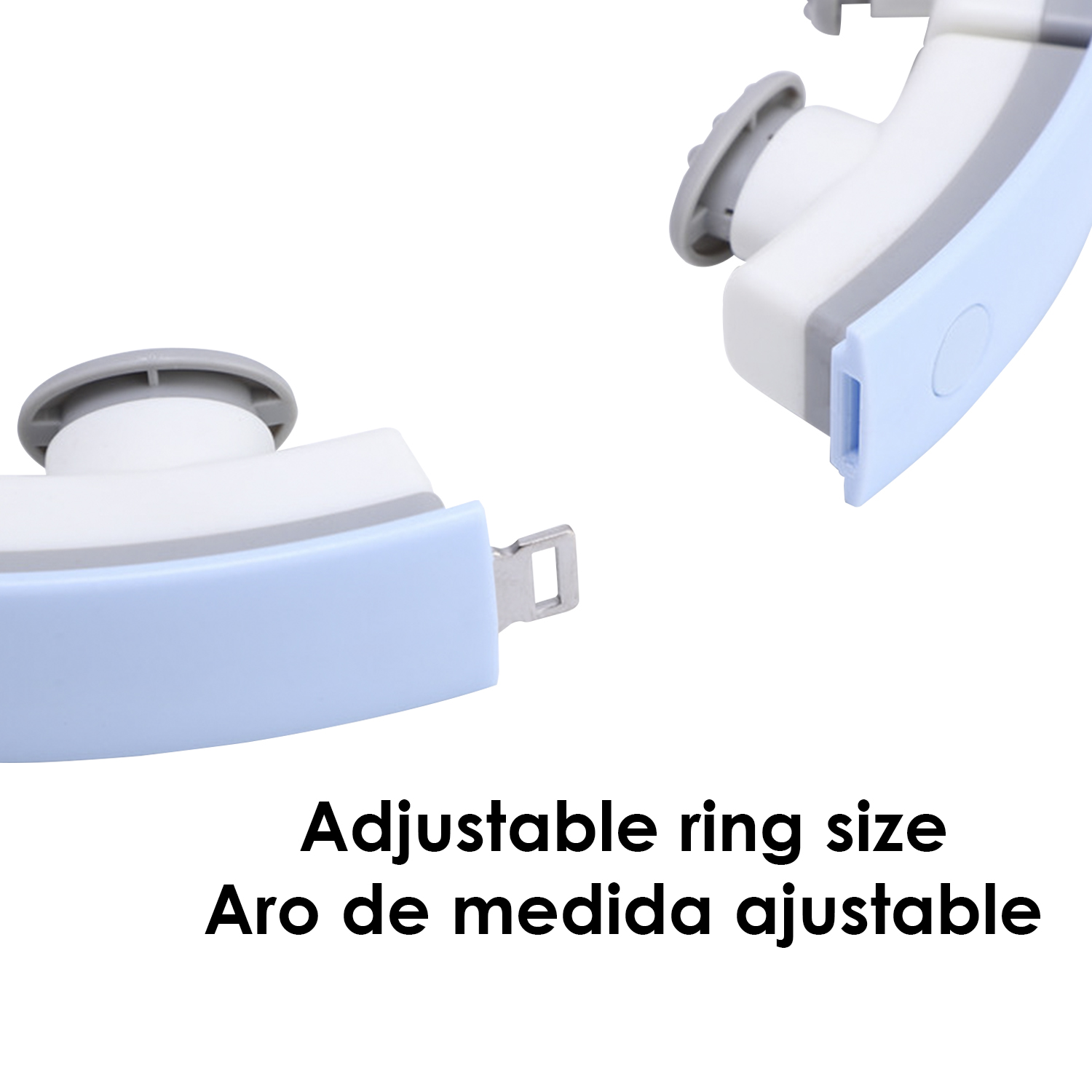 Primer plano de un medidor de anillos ajustable blanco y azul claro. El texto dice "Tamaño de anillo ajustable".