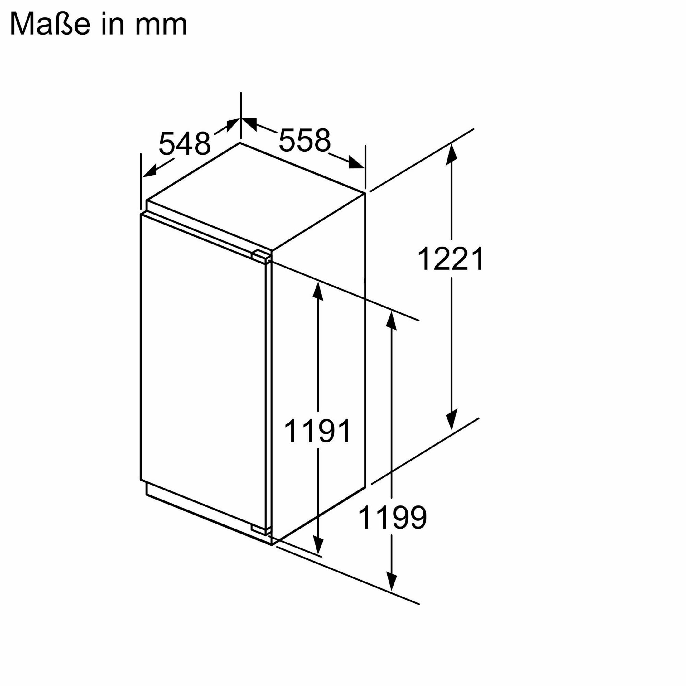 Diagramm eines Kühlschranks mit Abmessungen in mm: 548x558x1221mm. Maße sind angegeben.