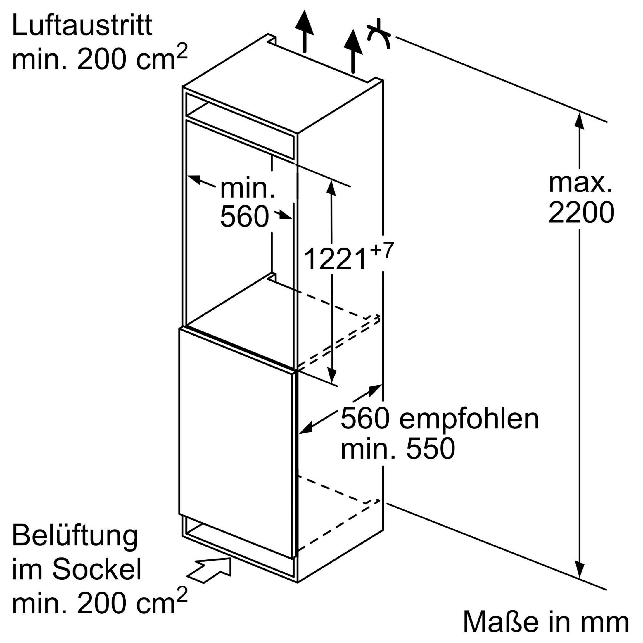 Diagramm eines Kühlschranks mit Abmessungen und Lüftungsdetails in mm, mit Textanmerkungen.