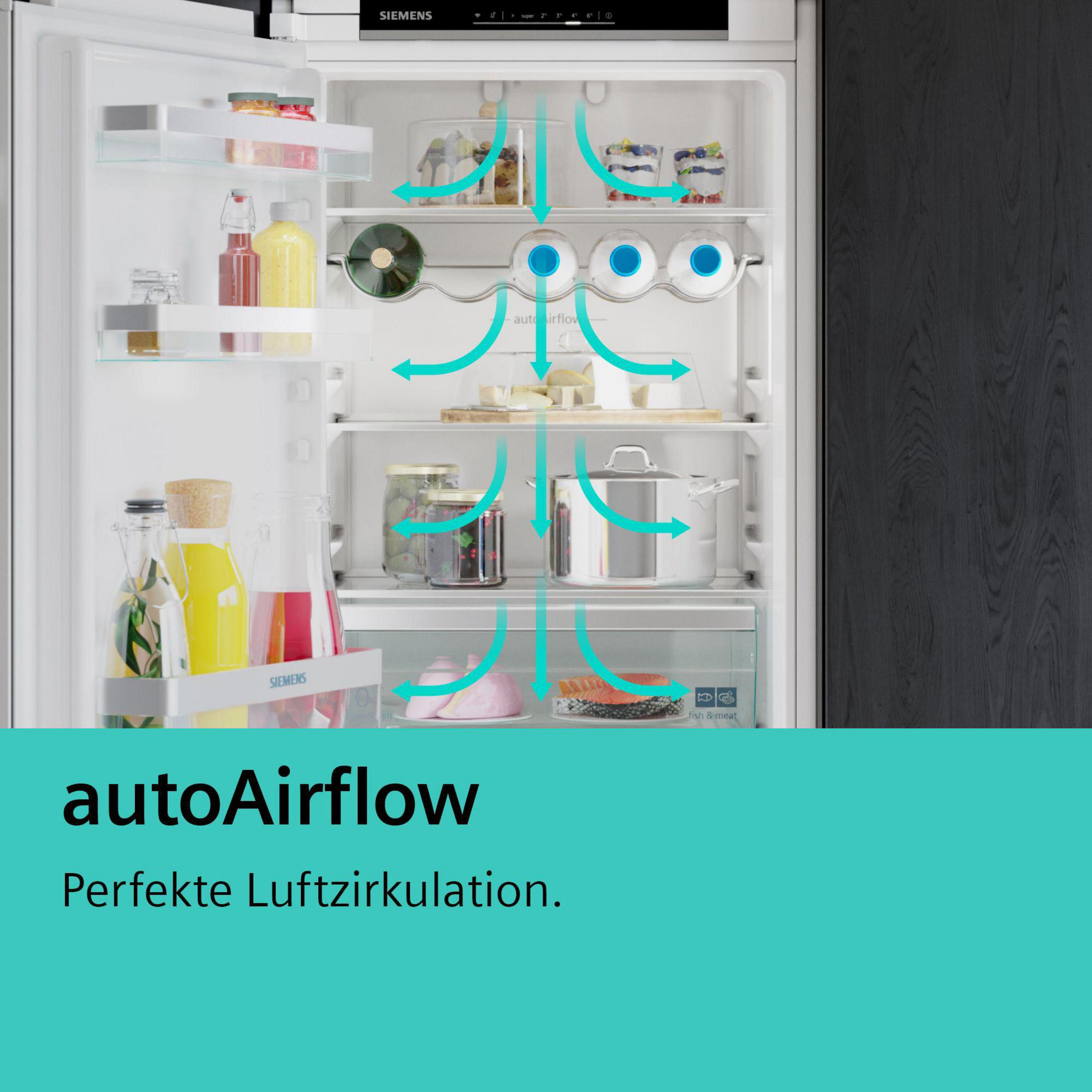 Frigorifero aperto con ripiani in vetro e oggetti. Testo: autoAirflow e Perfetta circolazione dell'aria.