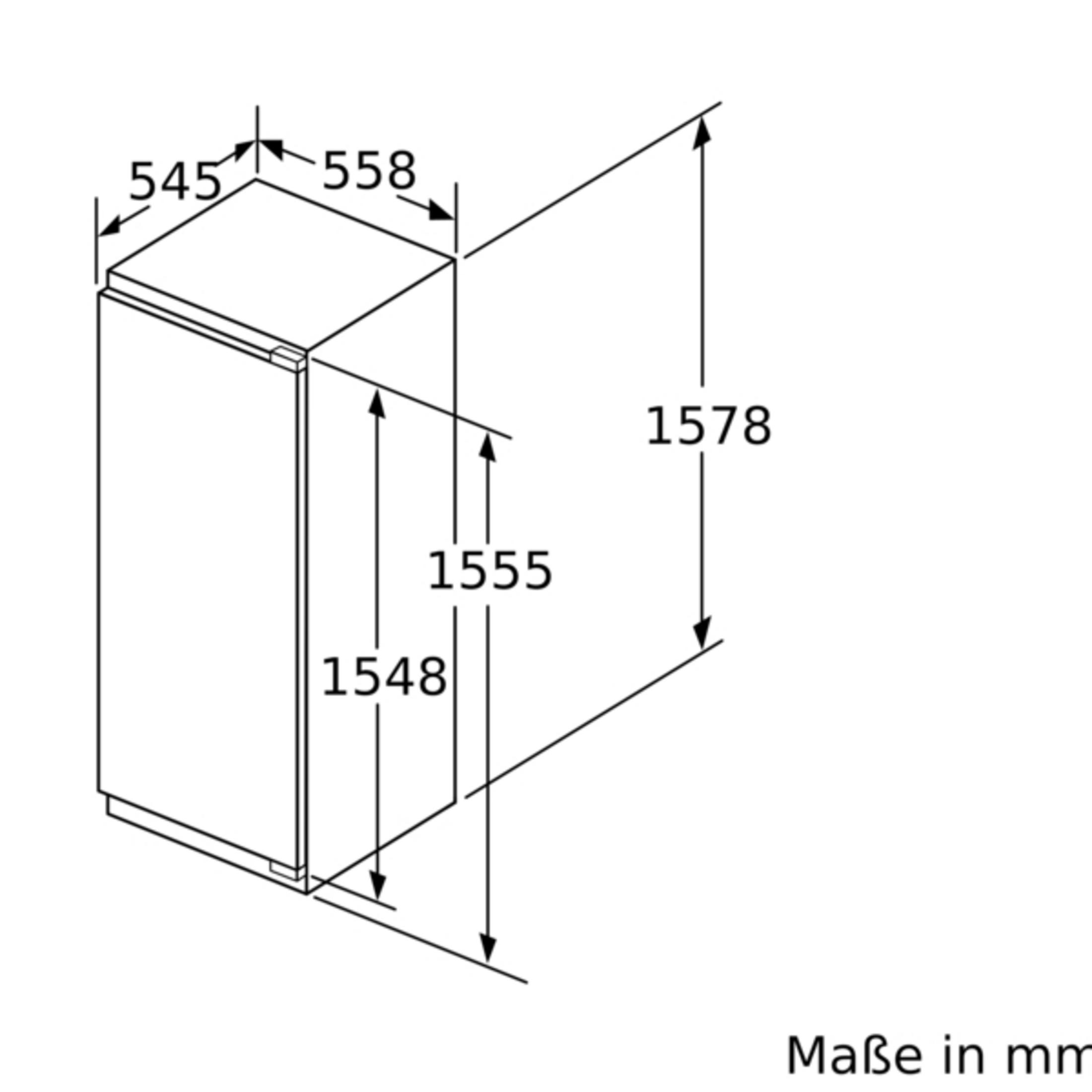 Ein Diagramm, das die Abmessungen eines Kühlschranks mit Maßangaben in mm und Beschriftungen zeigt.