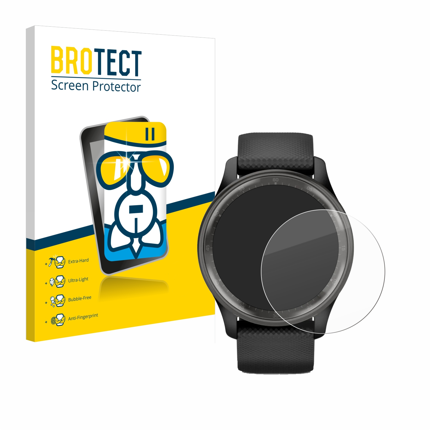 Schwarze Smartwatch mit Displayschutz und Box. Weißer Hintergrund.