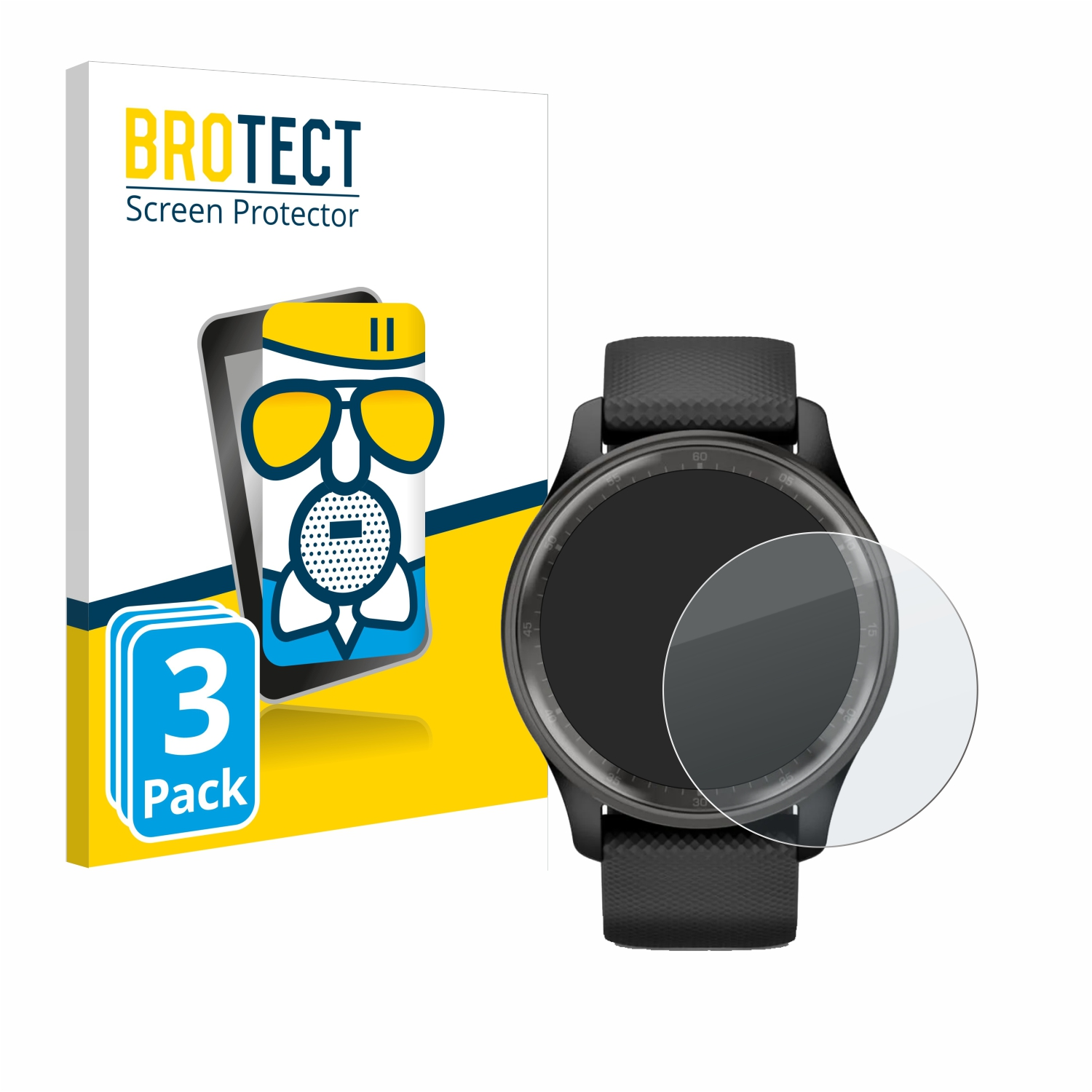 Smartwatch mit Displayschutzfolien-Packung, klarer Displayschutz auf Uhr.