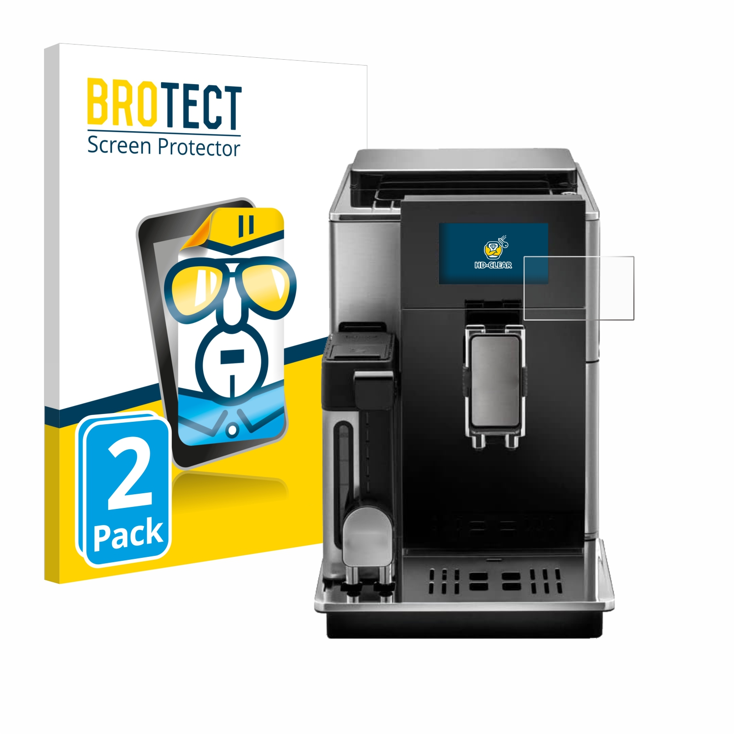 Eine schwarze und silberne Kaffeemaschine mit Bildschirm und einer Displayschutzfolienbox.